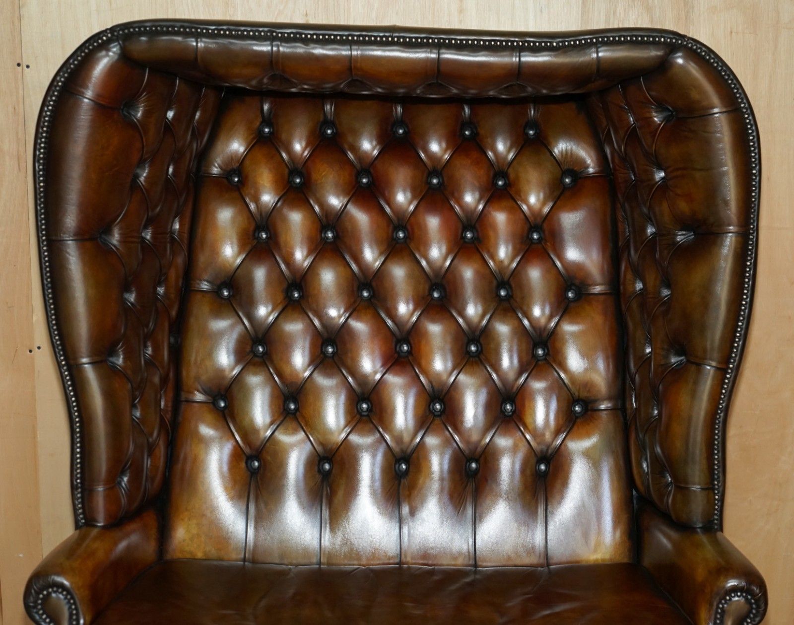 photo for sale Sure Rare Vintage Hand Dyed Cigar Brown Leather Chesterfield Porters Sofa Settee