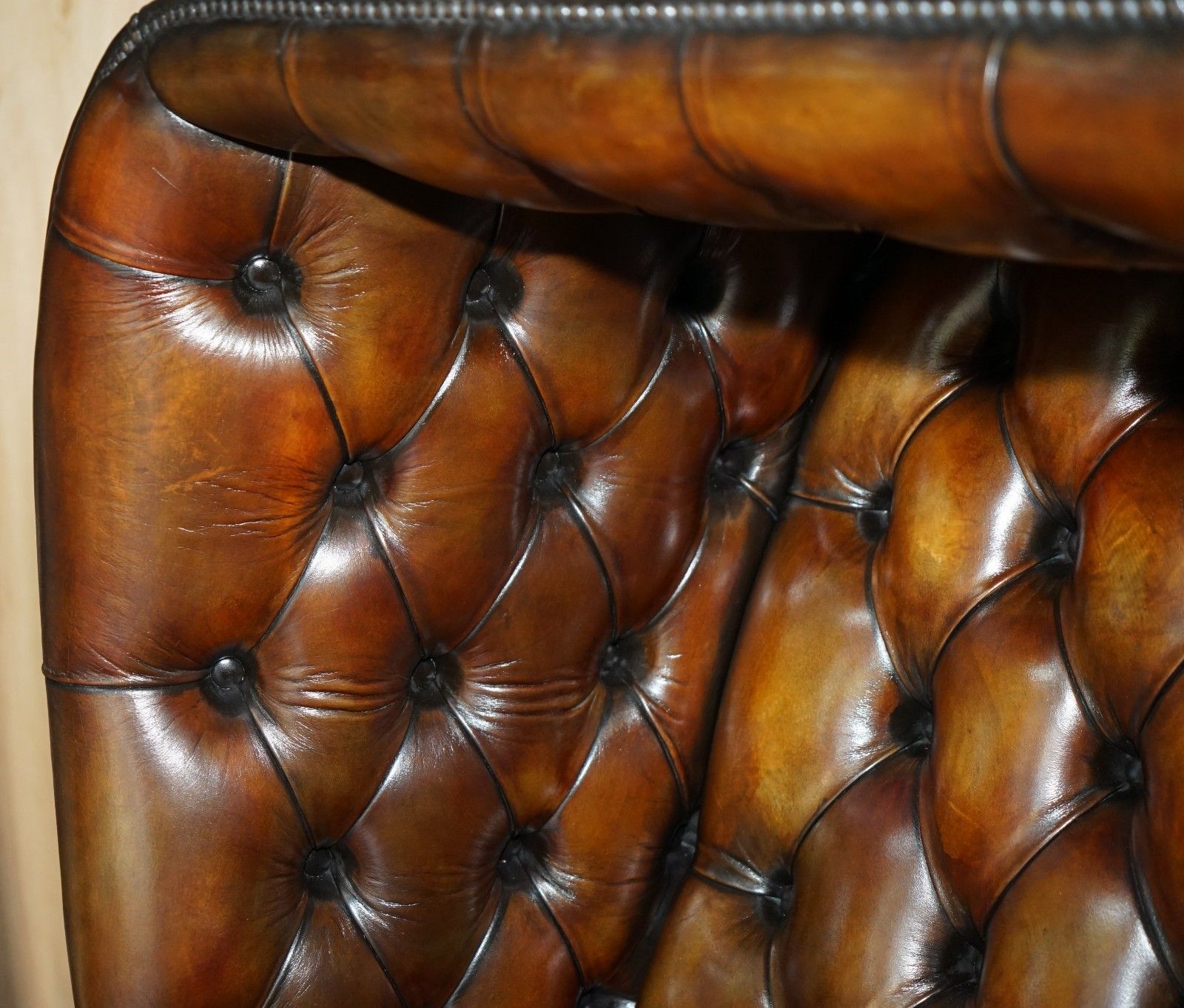 25000.0 Sure Rare Vintage Hand Dyed Cigar Brown Leather Chesterfield Porters Sofa Settee photo