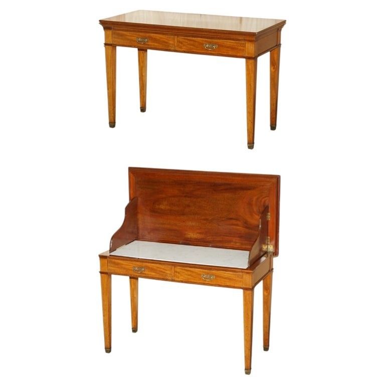 Fully Restored Howard & Son's Flamed Mahogany Marble Inset Console Table Desk