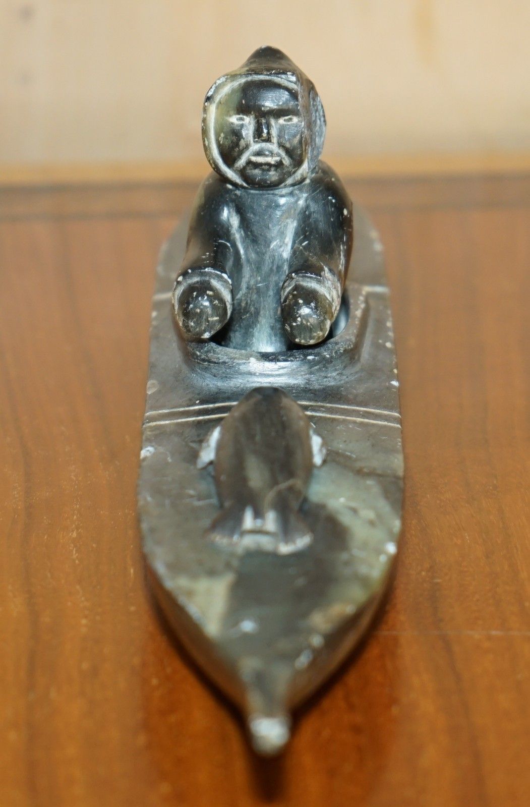 Fine Alex Patsauq 1917 Signed Serial Number Inuit Eskimo Soapstone Kayak Carving photo vintage