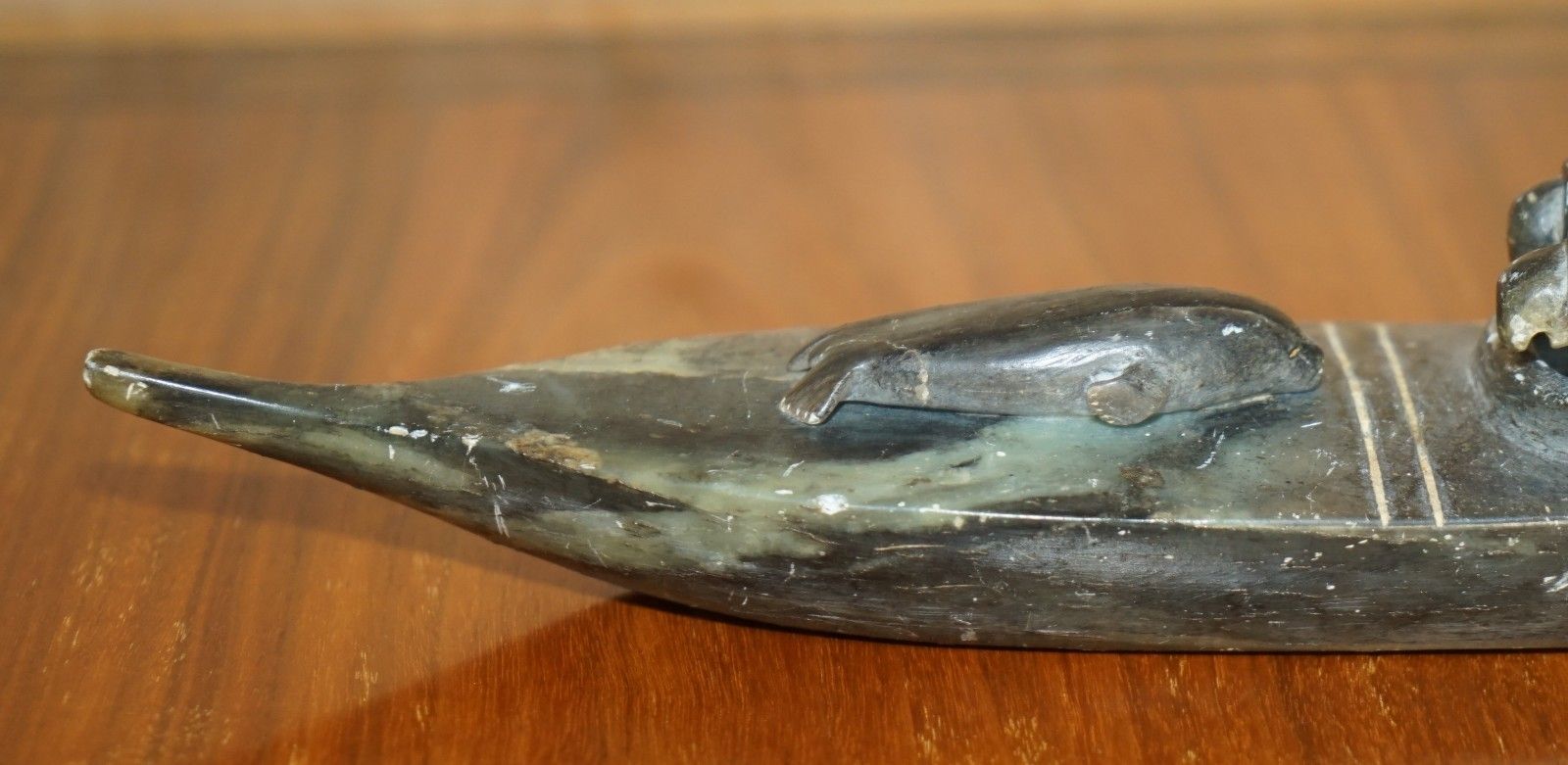 Art Fine Alex Patsauq 1917 Signed Serial Number Inuit Eskimo Soapstone Kayak Carving photo