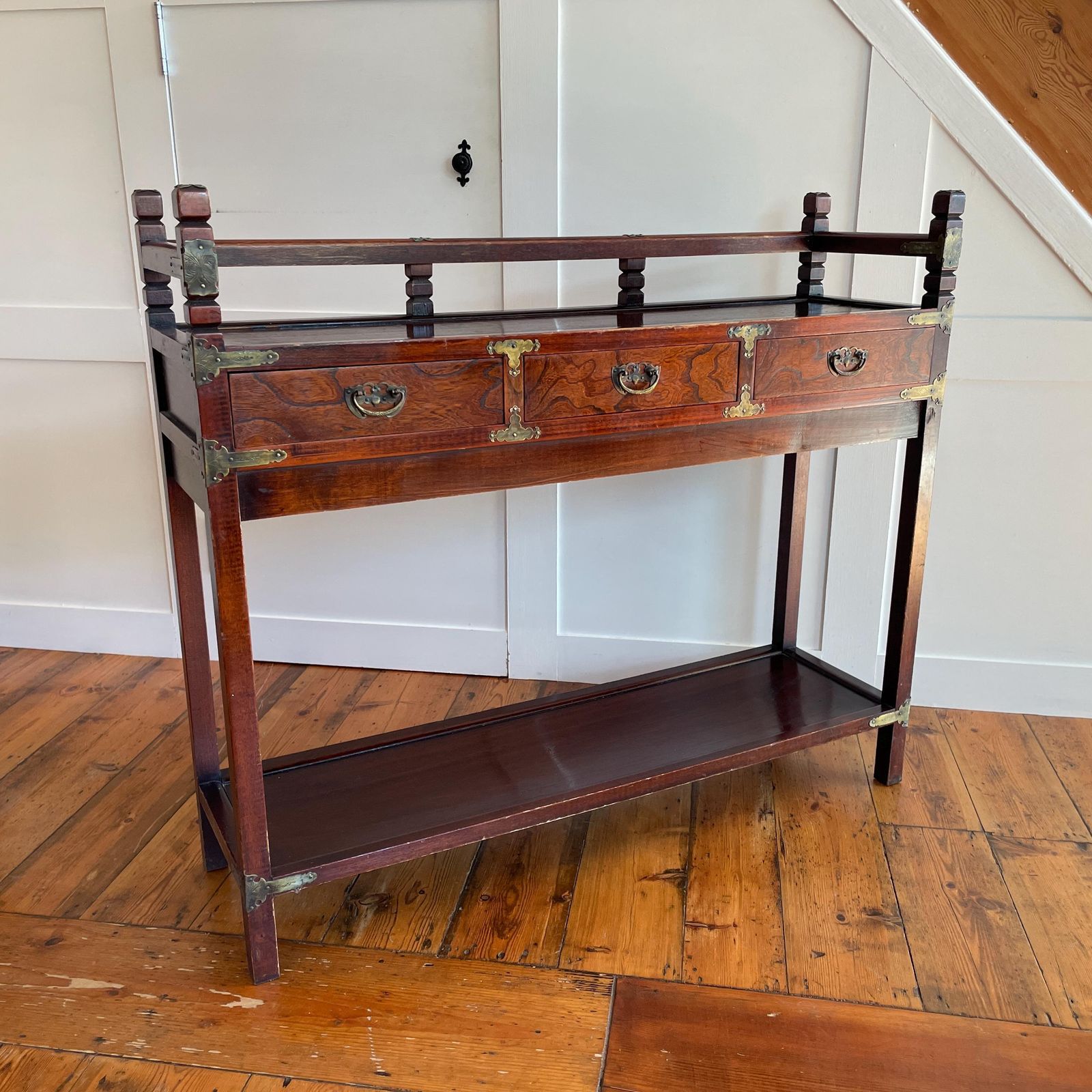 photo for sale Chinese Console Table Wooden Brass 3 Drawer Oriental Hall Accent Stand Entryway Hallway Table