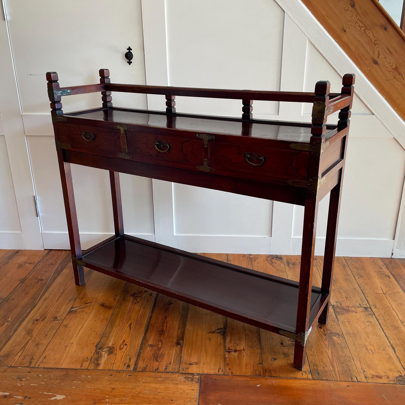 Furniture Chinese Console Table Wooden Brass 3 Drawer Oriental Hall Accent Stand Entryway Hallway Table photo