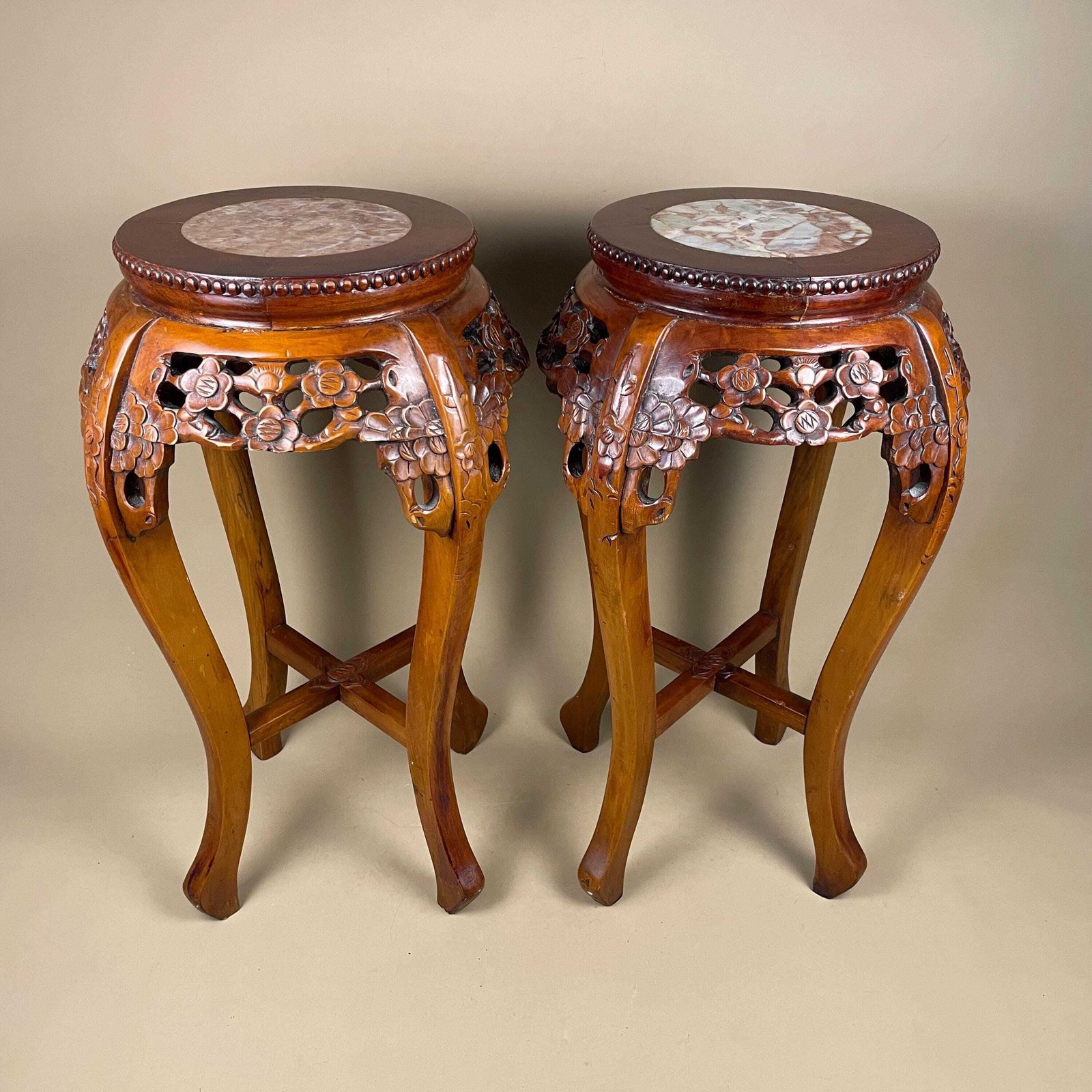 Antique Oriental Plant Stand Table Pair Carved Rosewood Marble Top Chinese Sculpture Display Floral Carving Round Accent photo for sale