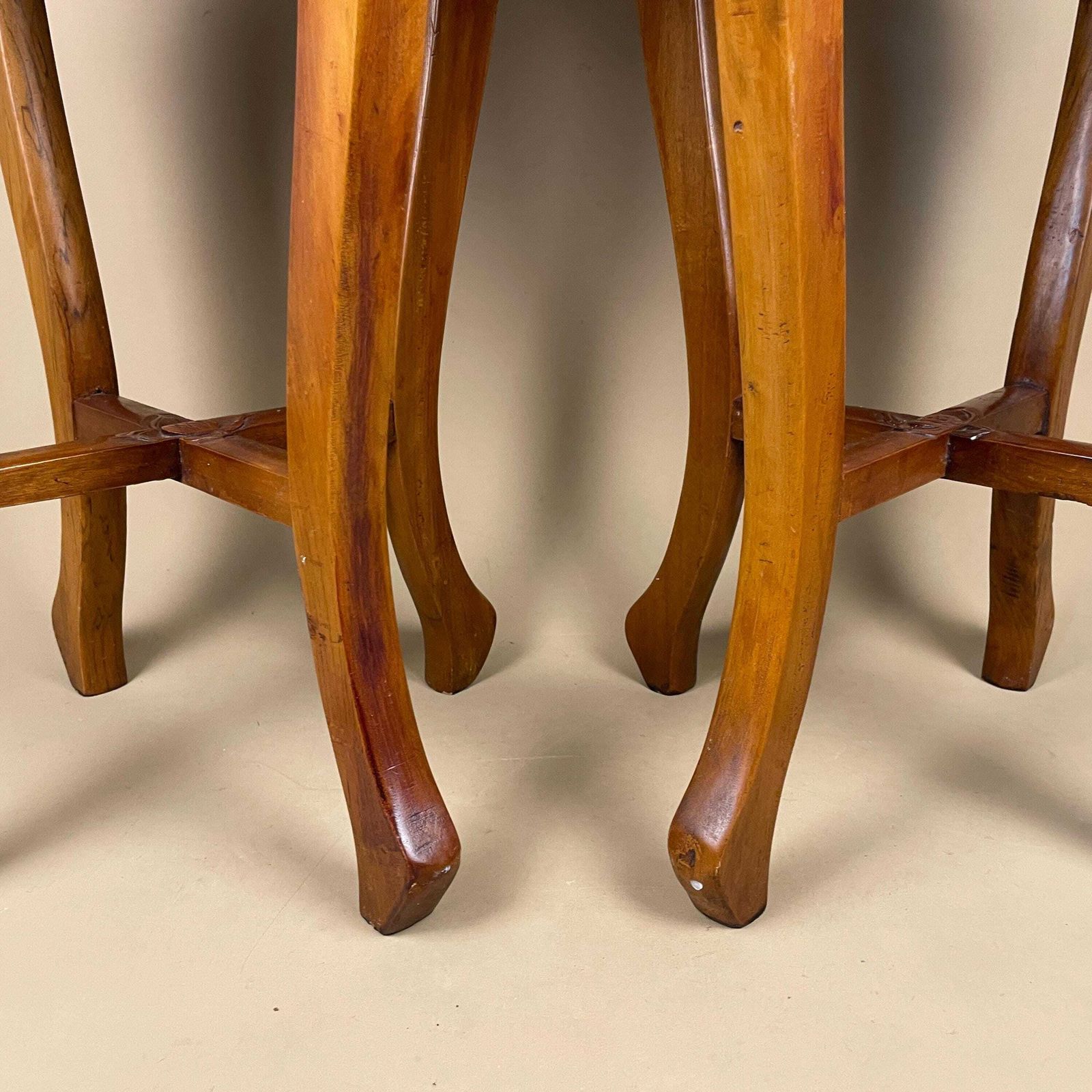 Antique Oriental Plant Stand Table Pair Carved Rosewood Marble Top Chinese Sculpture Display Floral Carving Round Accent photo vinterior