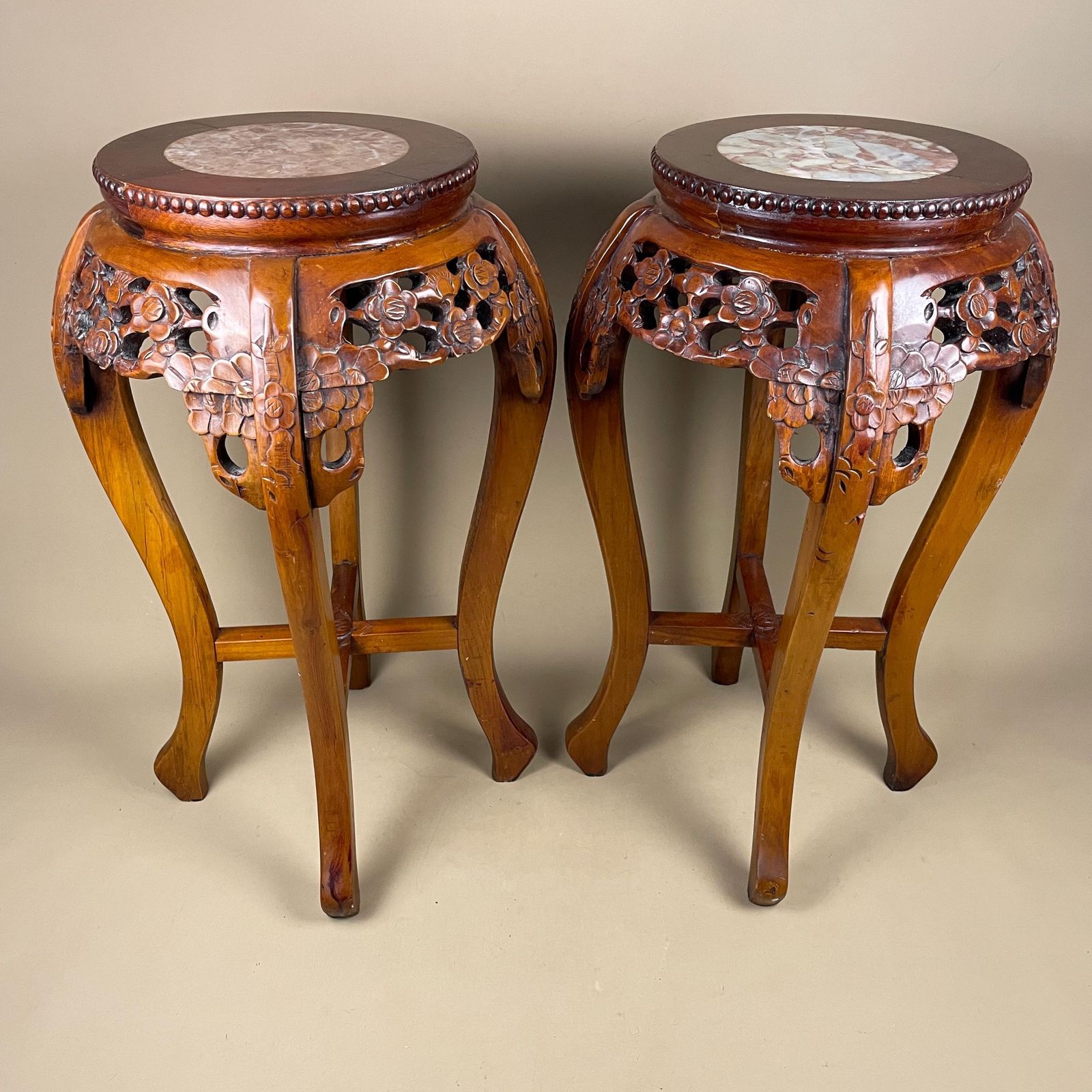 Home Decor Antique Oriental Plant Stand Table Pair Carved Rosewood Marble Top Chinese Sculpture Display Floral Carving Round Accent photo