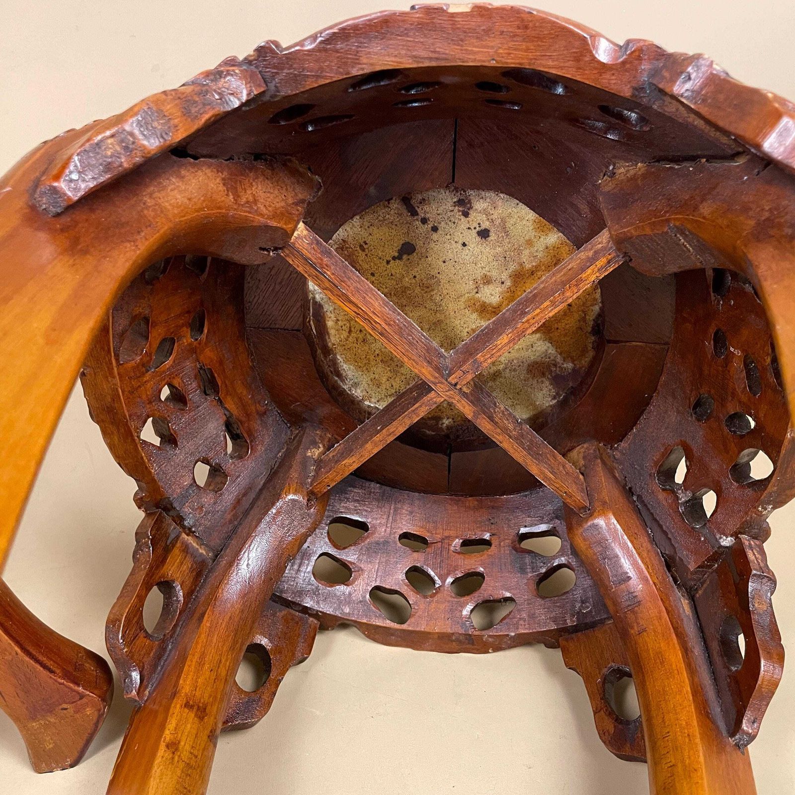 photo buy Antique Oriental Plant Stand Table Pair Carved Rosewood Marble Top Chinese Sculpture Display Floral Carving Round Accent