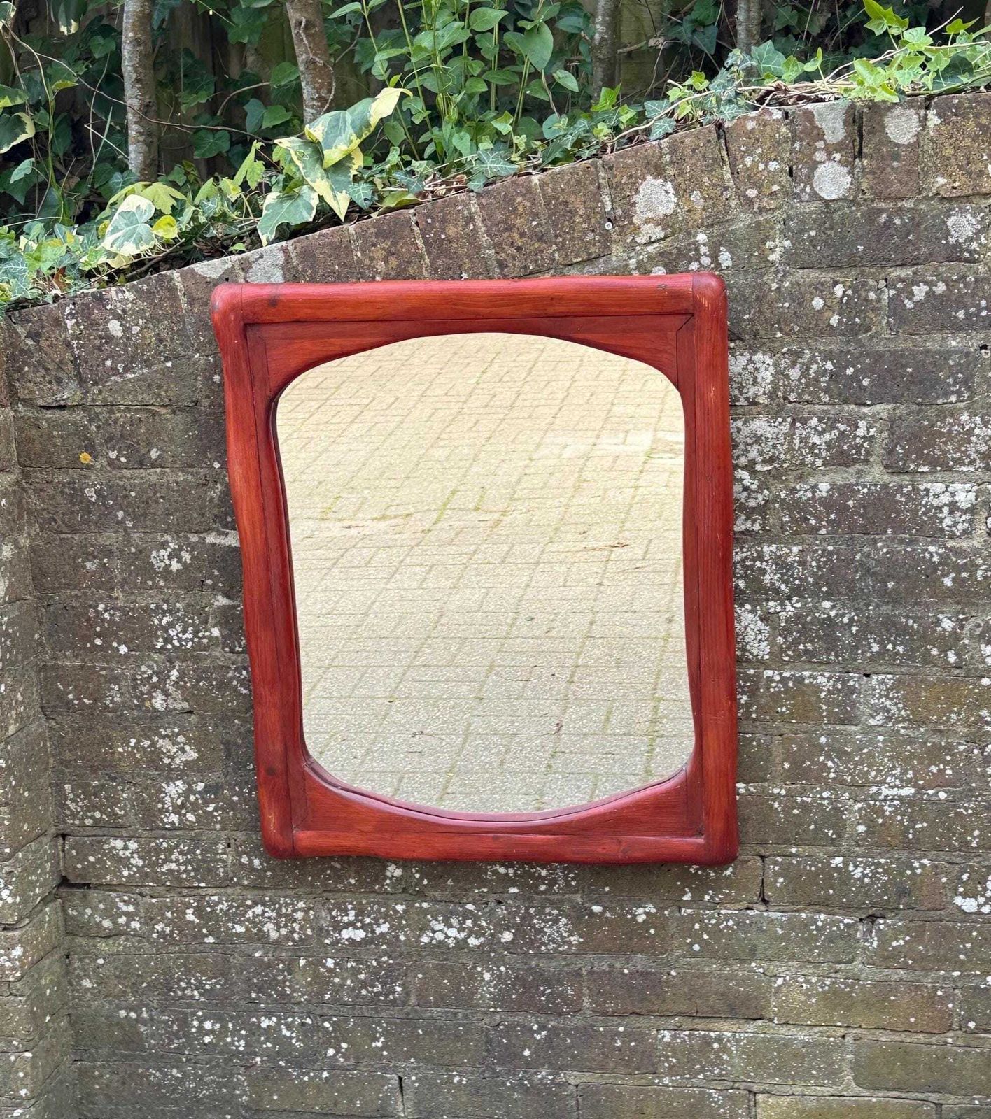 Mid Century Large Pine Wall Mirror, Sculptural Wooden Frame Dark Red Brown Finish 57cm X 70cm