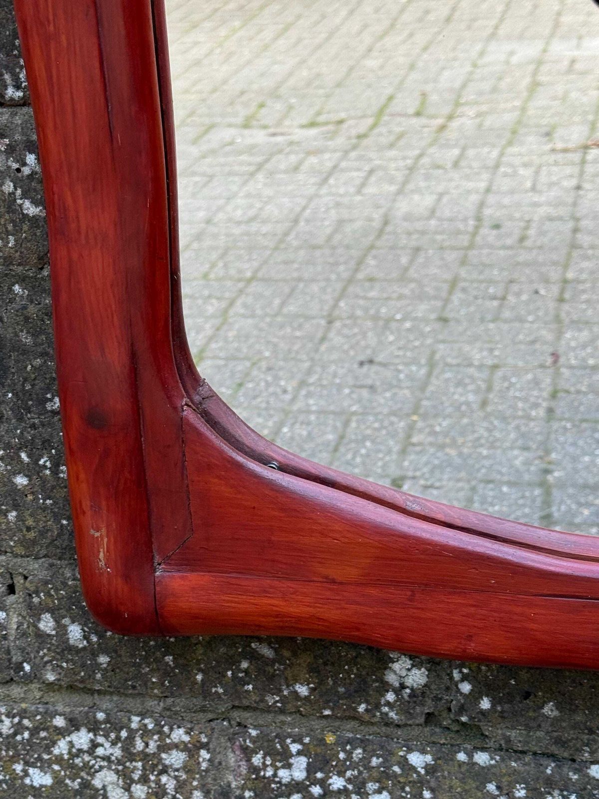 Mid Century Large Pine Wall Mirror, Sculptural Wooden Frame Dark Red Brown Finish 57cm X 70cm photo vinterior