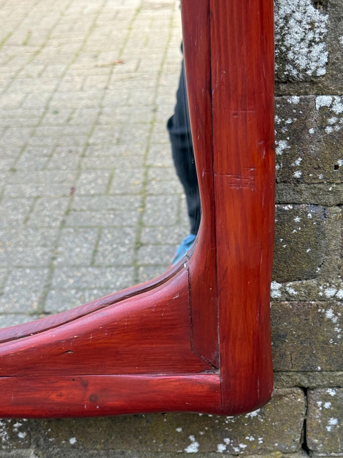Mid Century Large Pine Wall Mirror, Sculptural Wooden Frame Dark Red Brown Finish 57cm X 70cm photo vintage