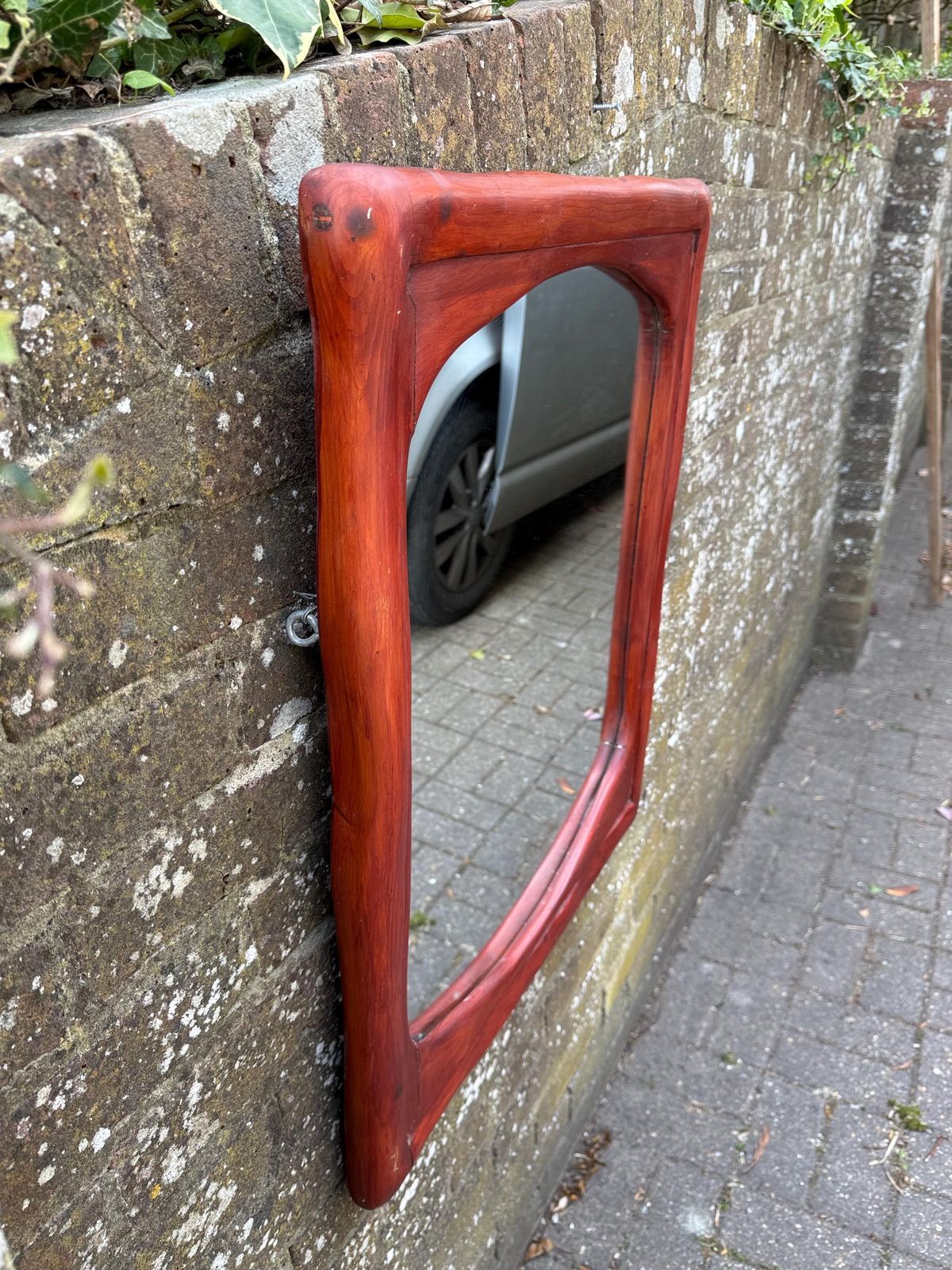 Home Decor Mid Century Large Pine Wall Mirror, Sculptural Wooden Frame Dark Red Brown Finish 57cm X 70cm photo