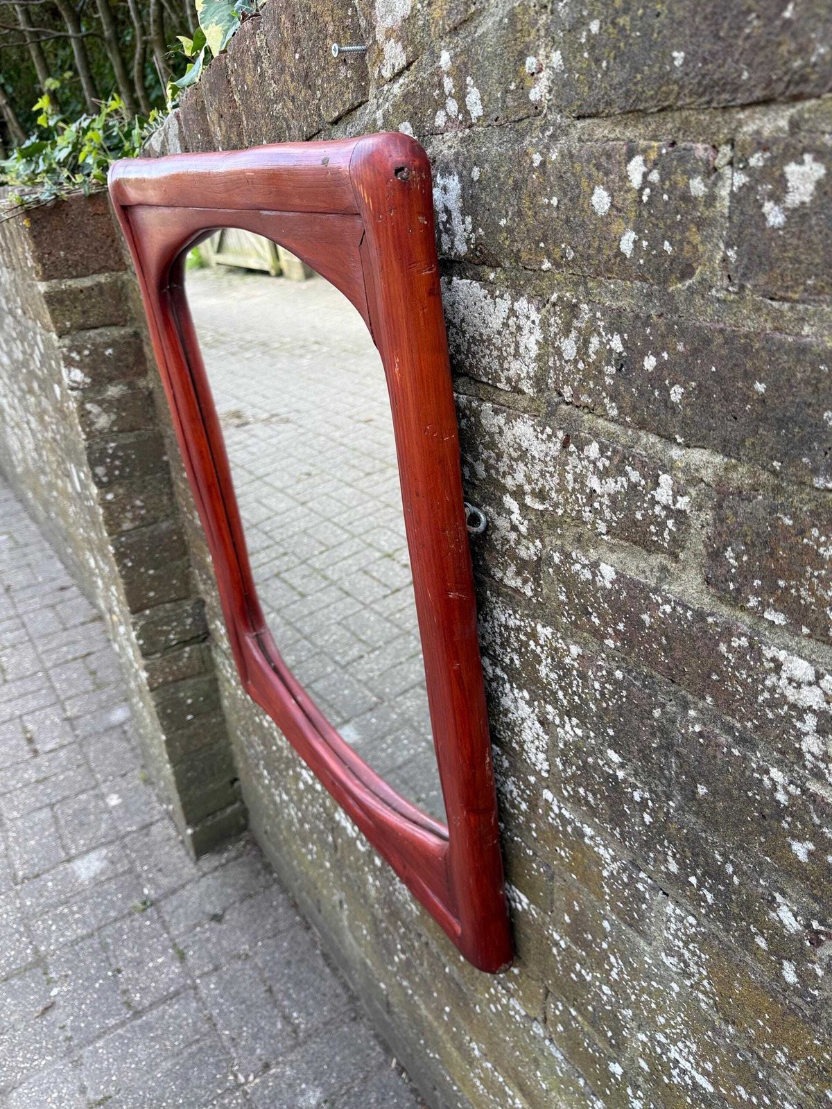 photo vinterior Mid Century Large Pine Wall Mirror, Sculptural Wooden Frame Dark Red Brown Finish 57cm X 70cm