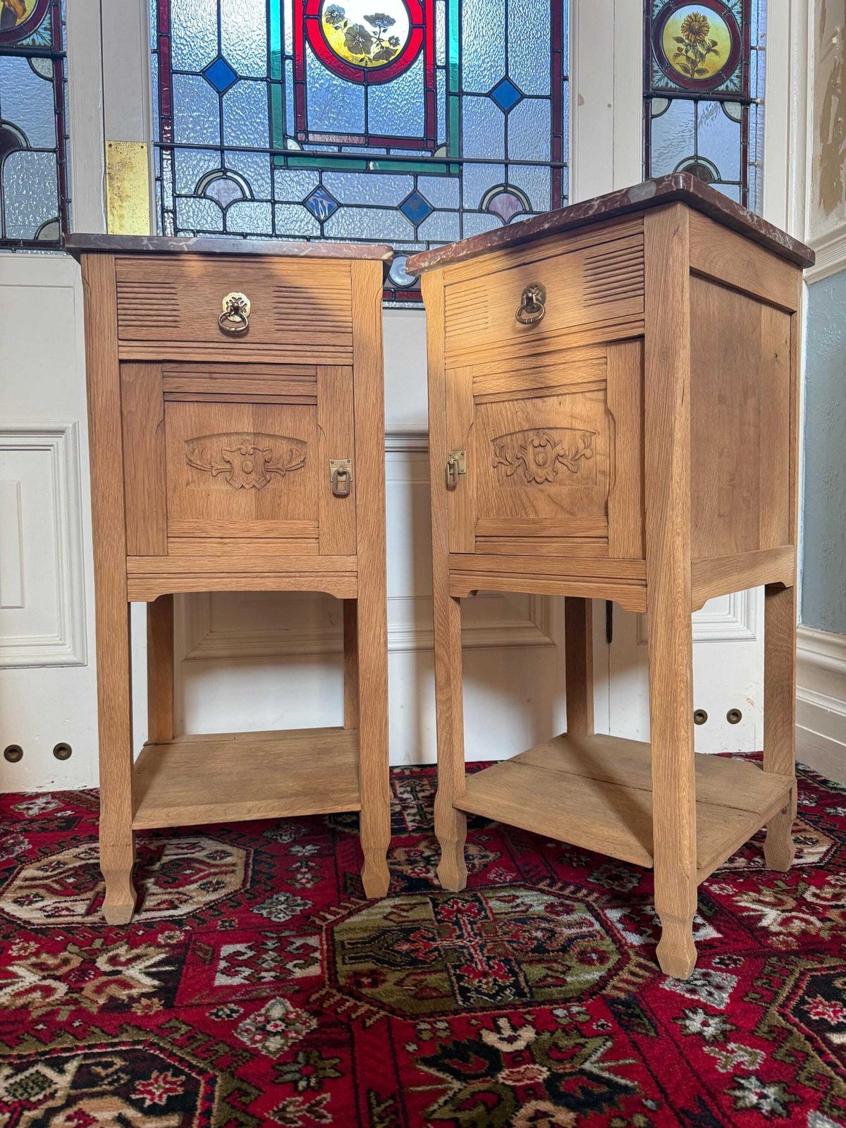 French Sandblasted Oak Bedside Cabinets With Rouge Marble Tops – 1920s Carved Nightstands photo for sale