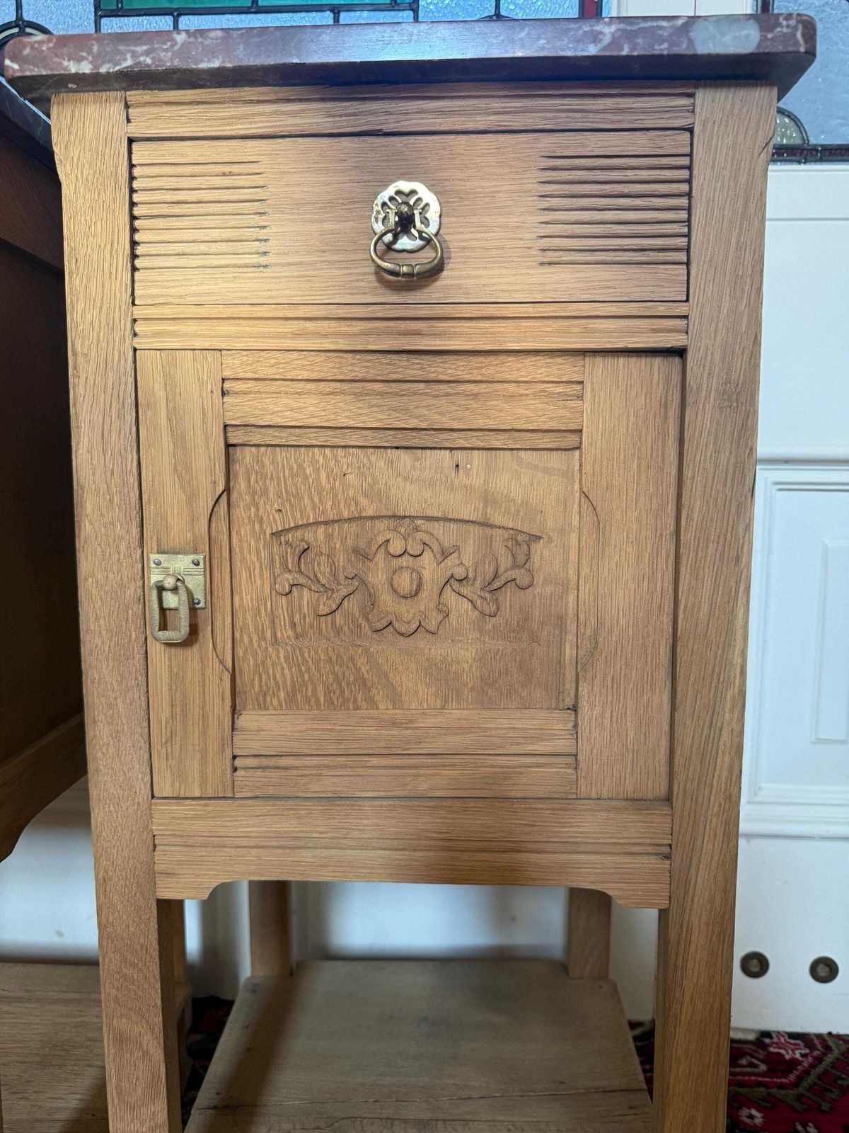 French Sandblasted Oak Bedside Cabinets With Rouge Marble Tops – 1920s Carved Nightstands photo vinterior