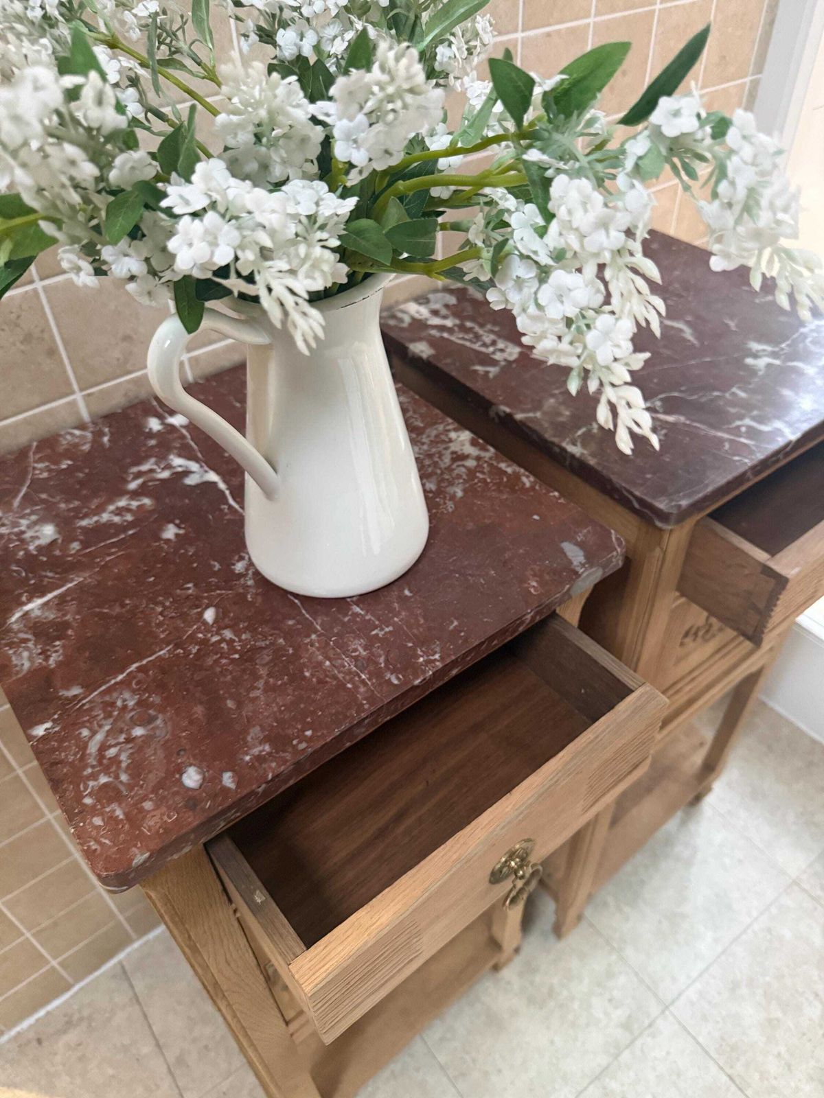French Sandblasted Oak Bedside Cabinets With Rouge Marble Tops – 1920s Carved Nightstands photo vintage