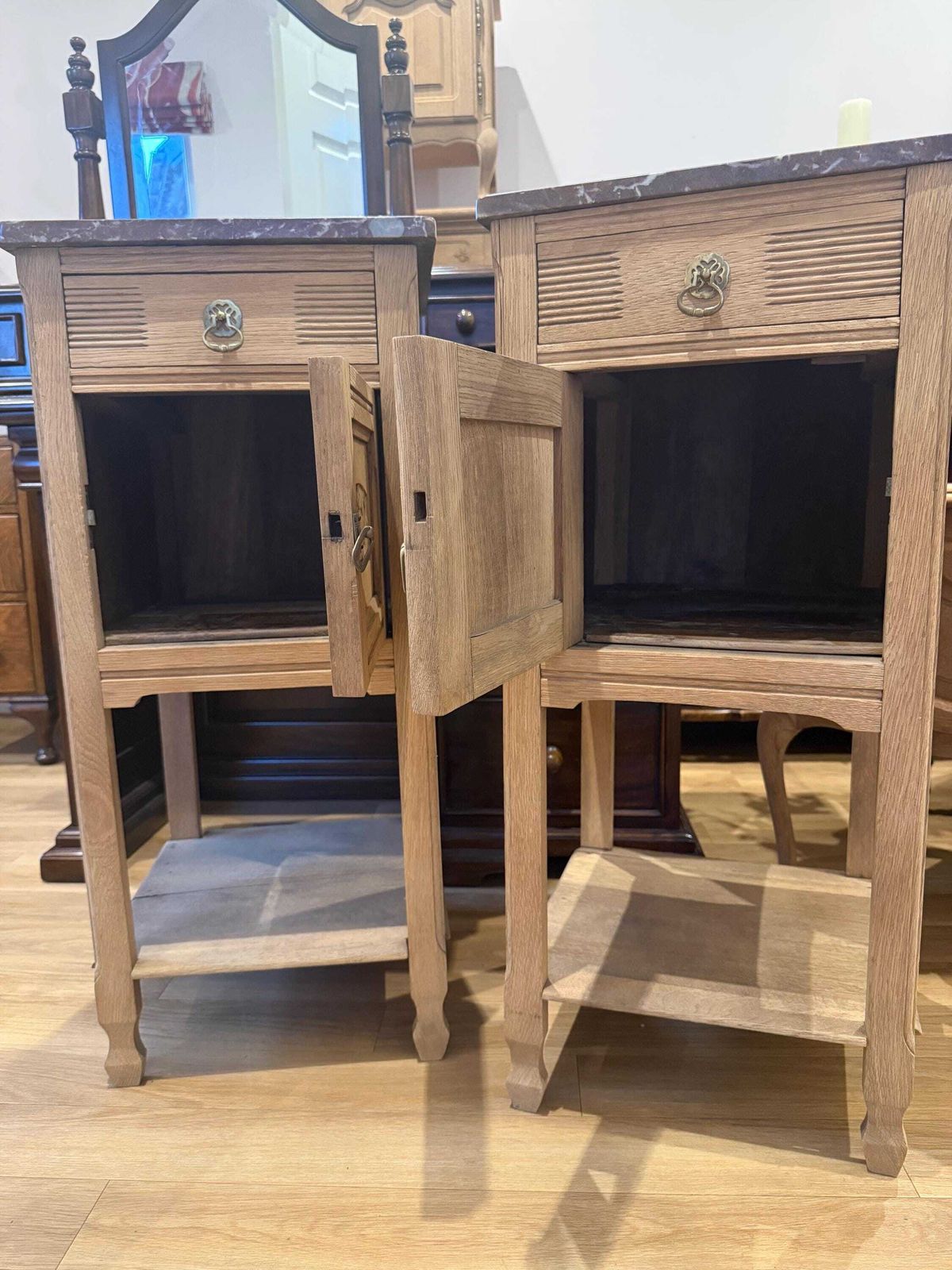 625.0 French Sandblasted Oak Bedside Cabinets With Rouge Marble Tops – 1920s Carved Nightstands photo