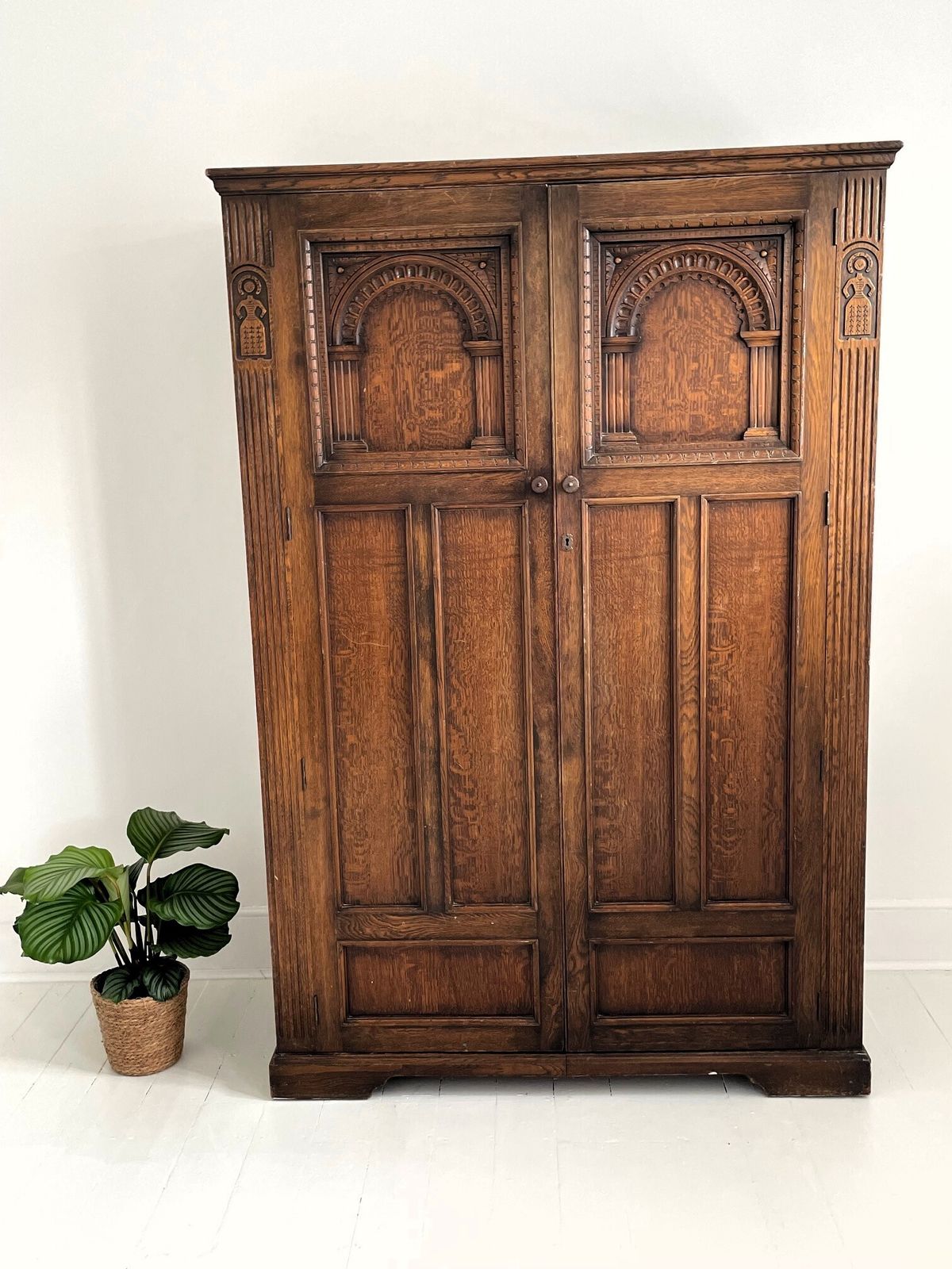 Antique Carved Oak Double Wardrobe | Early 20th Century (C.1920–1930)