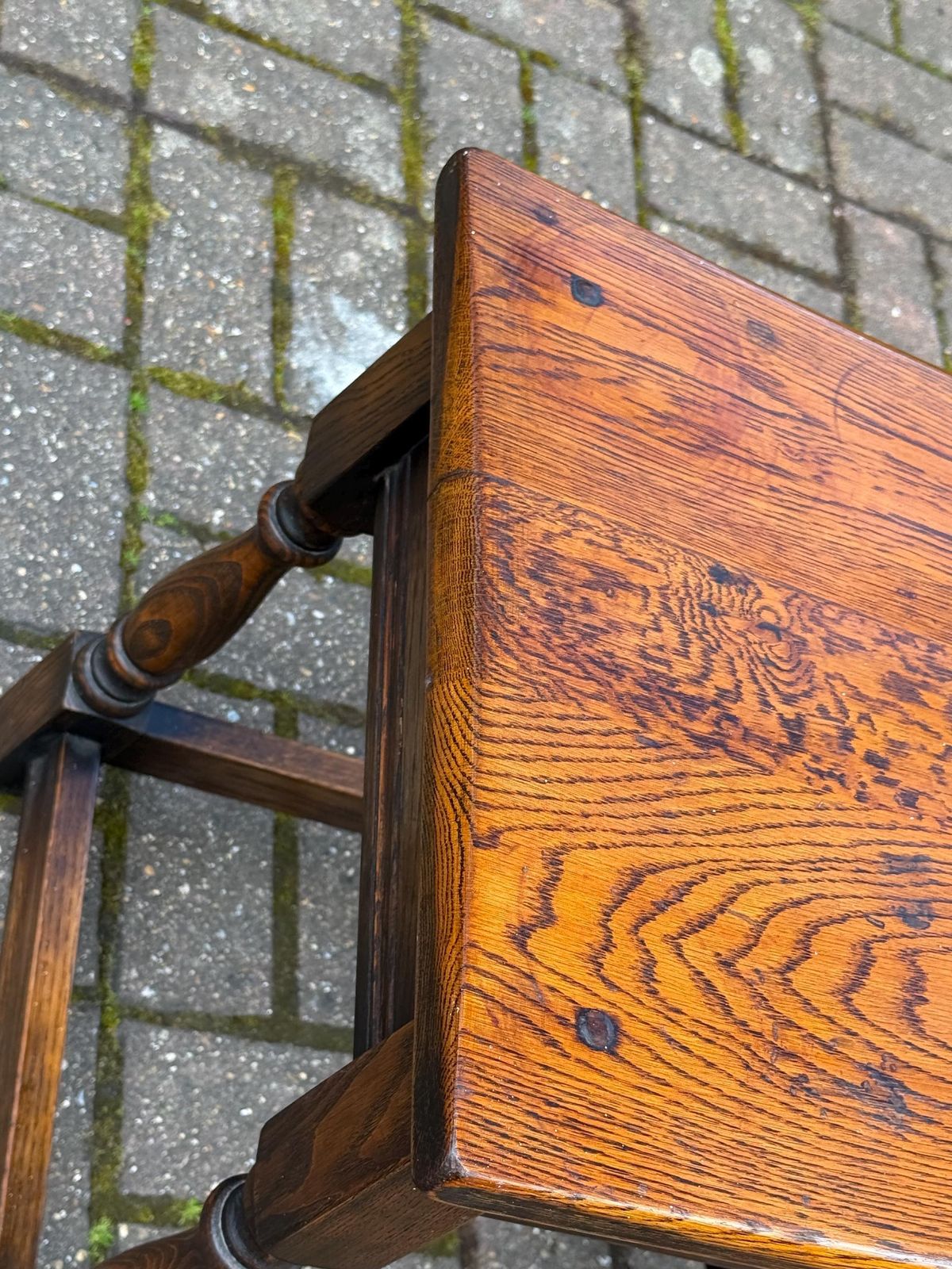 Furniture Antique Style Oak Joint Table Rustic Jacobean Revival Side Table   1960s To 70s Rustic Table 46cm W, 48cm H photo
