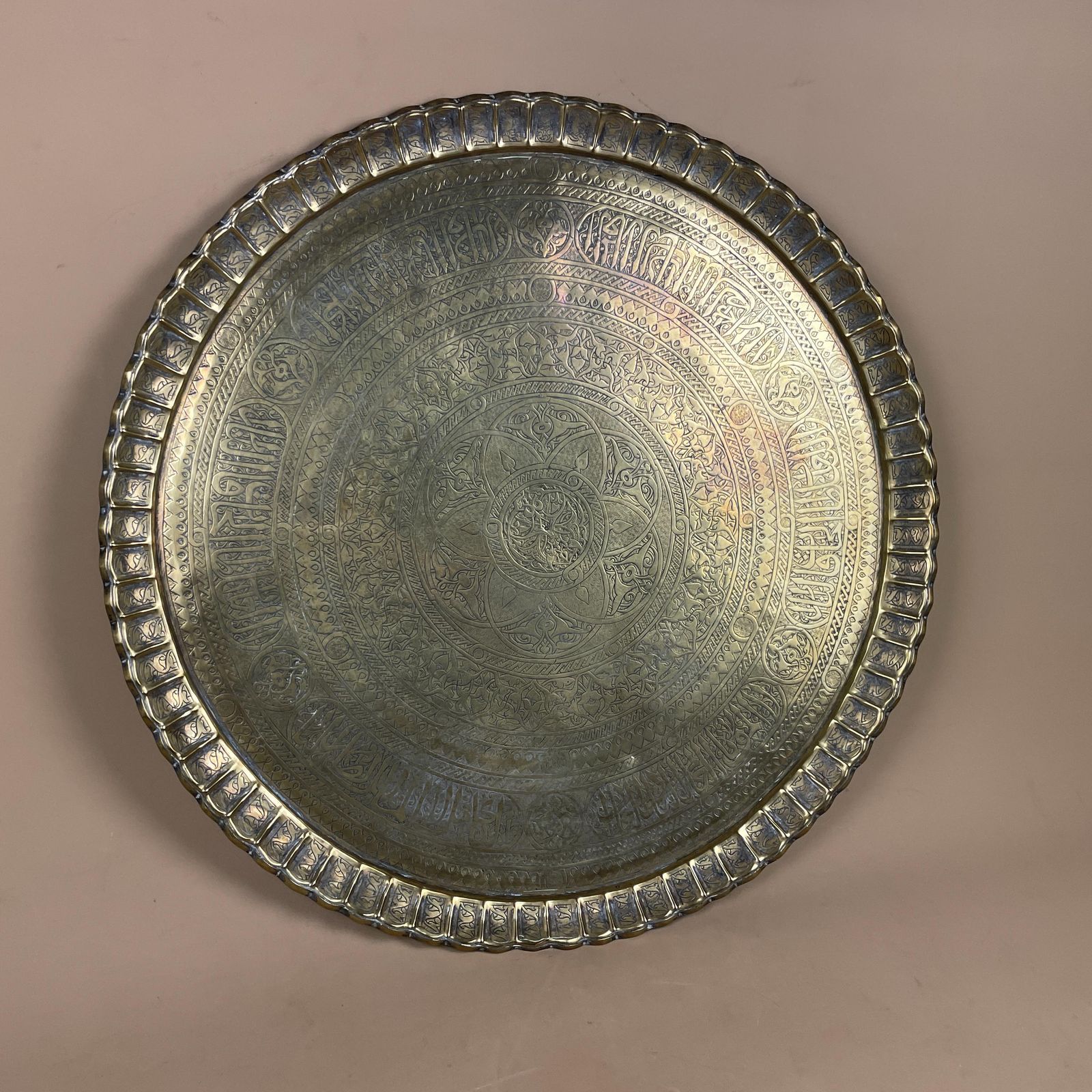 photo furniture Indian Metal Gold Patterned Brass Tray 56.5cm Plate Asian Handmade Etched Intricate Decorative Pattern Scalloped Vintage Circular Antique