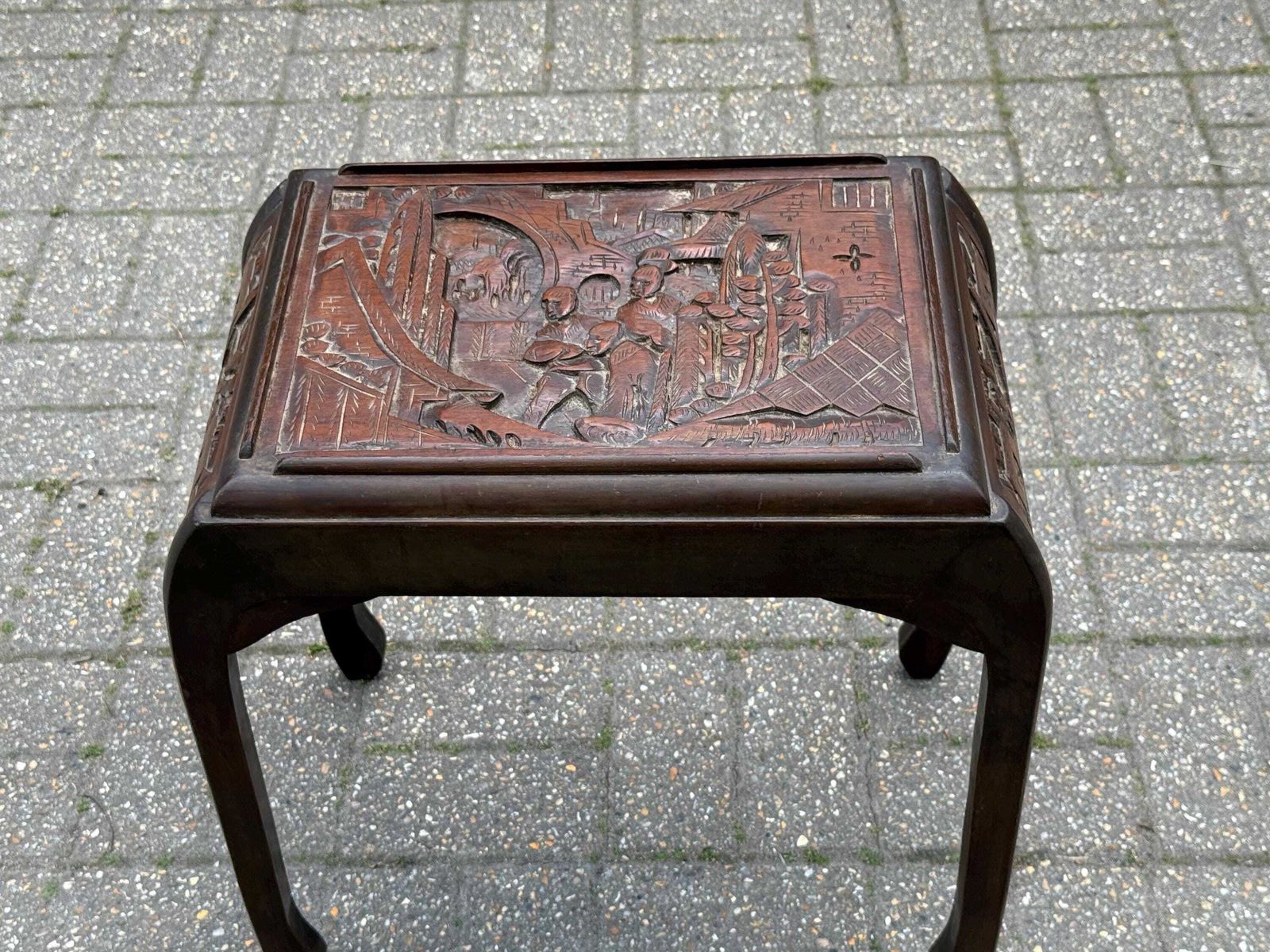 Vintage Mid Century Carved Oriental Side Table Chinoiserie Dark Wood Accent photo furniture