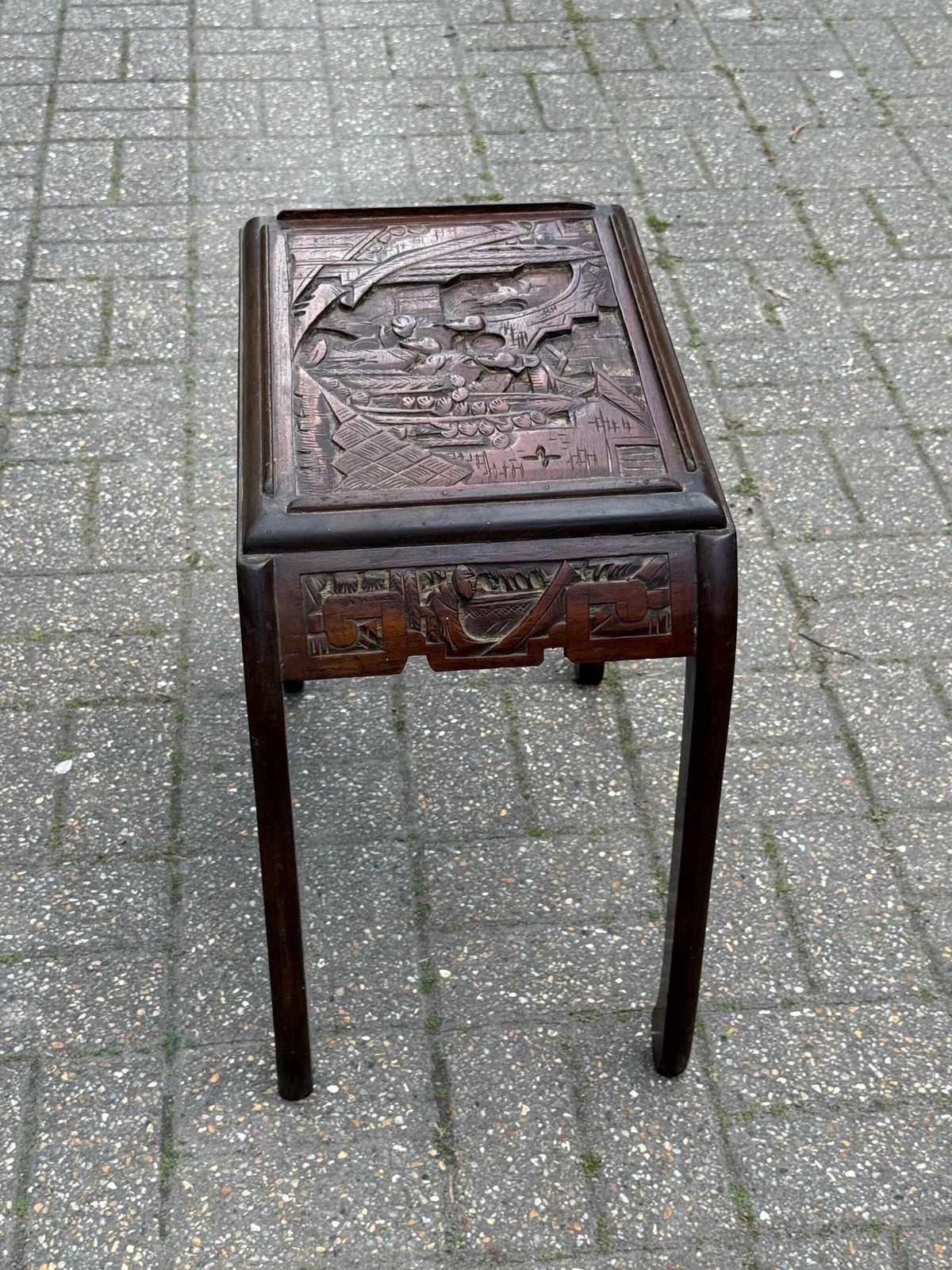 photo buy Vintage Mid Century Carved Oriental Side Table Chinoiserie Dark Wood Accent
