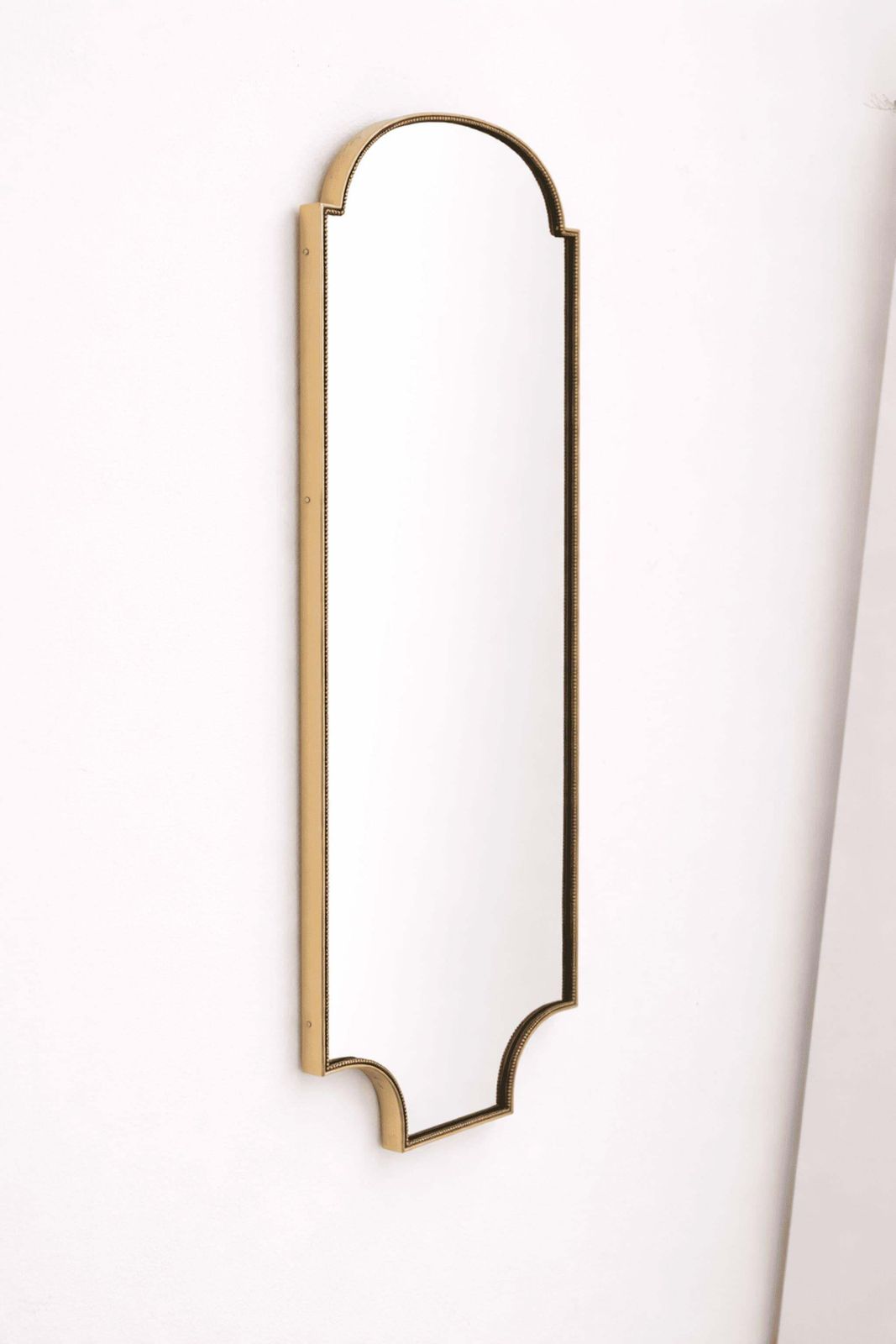 Italian Mid Century Modern Brass Shield Mirror In Gothic Style, 1960s photo for sale