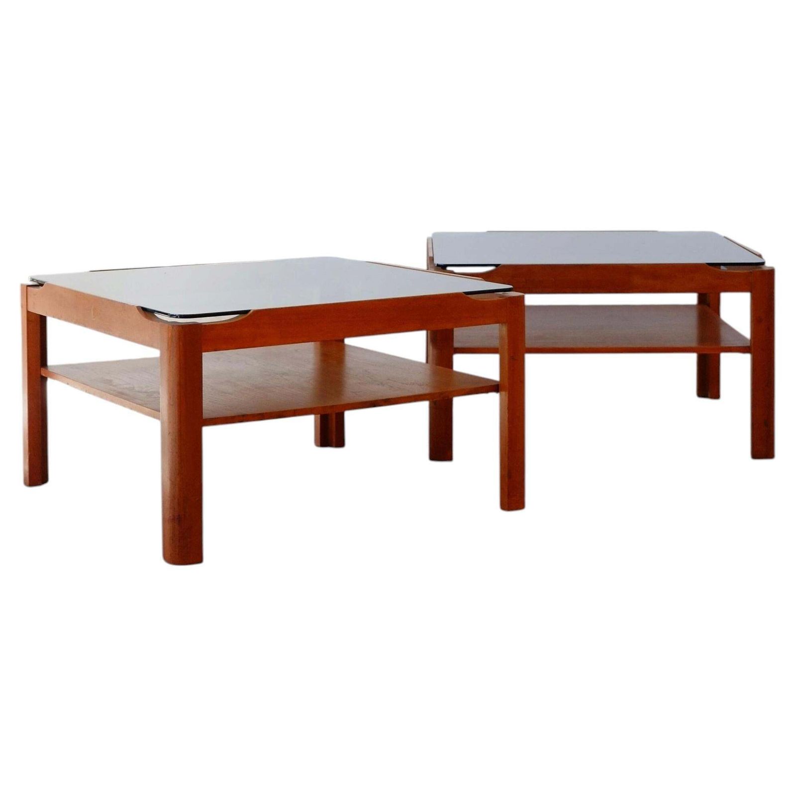 Pair Of Mid Century Teak & Smoked Glass Side Coffee Tables / Nightstands