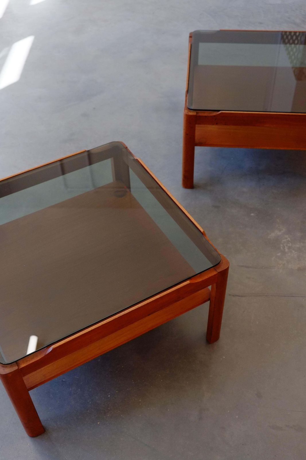 Pair Of Mid Century Teak & Smoked Glass Side Coffee Tables / Nightstands photo for sale