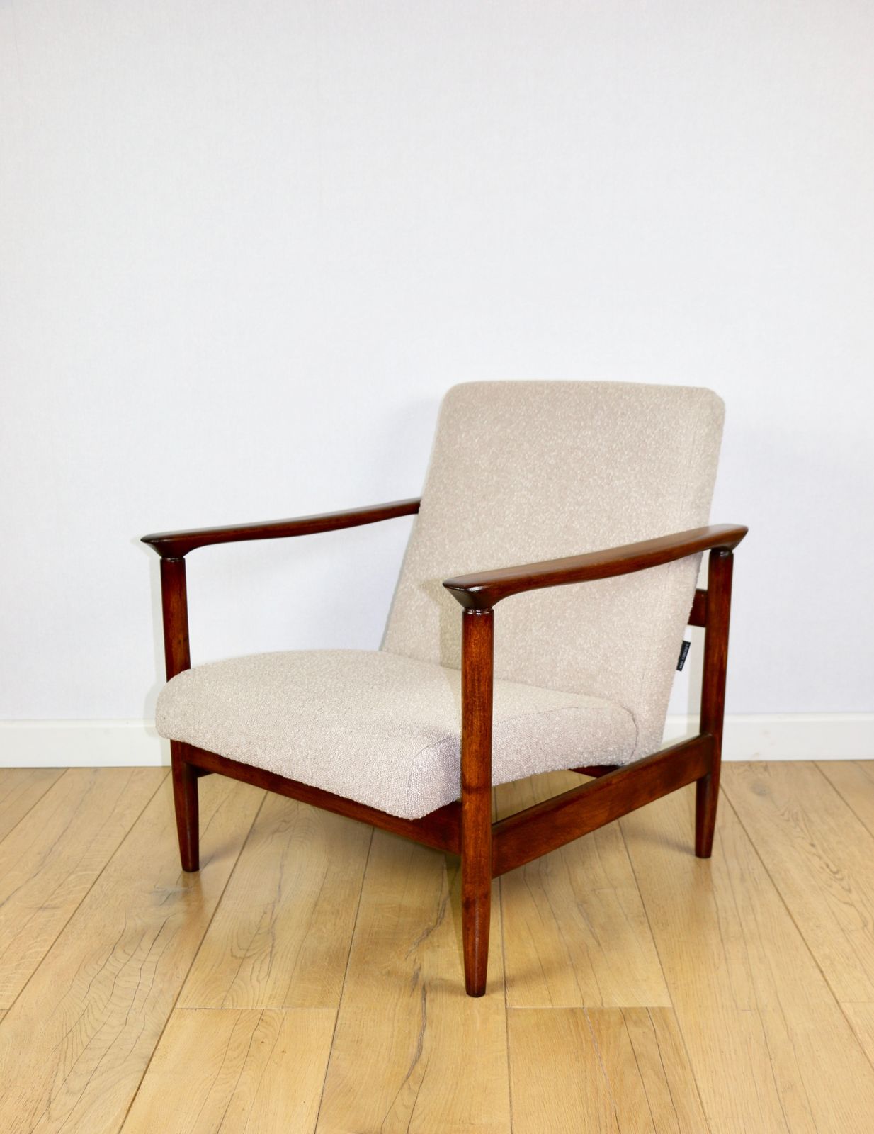 Gfm 142 Armchair, Designed By Edmund Homa From The 1970s Beige Boucle Dark Wood   2 Pieces Available.