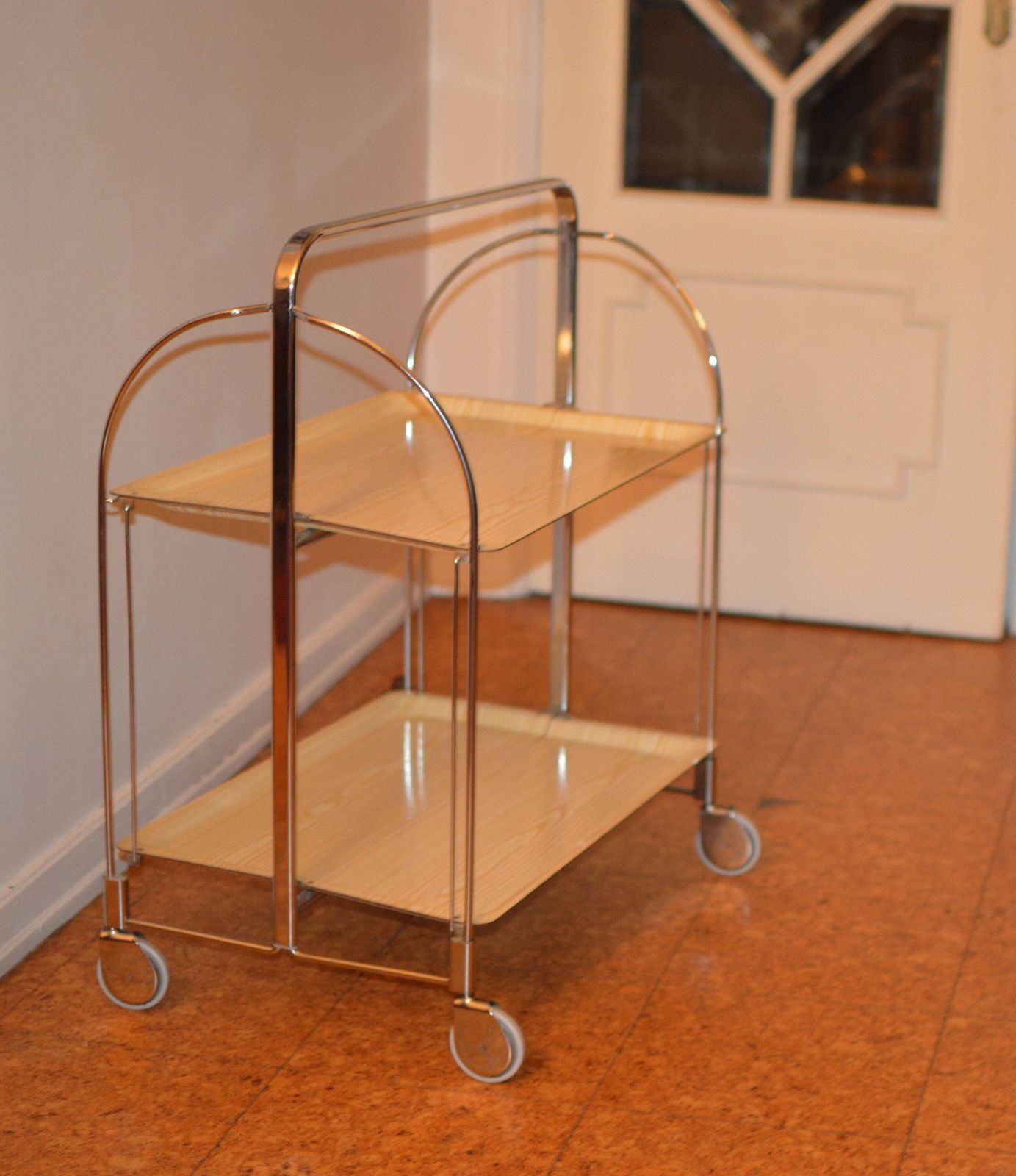 Mid Century Modern Folding Serving Trolley Dinett Foldable Chromed Metal Trolley, Vintage Bar Cart, Made In Germany, Retro Bar photo Furniture