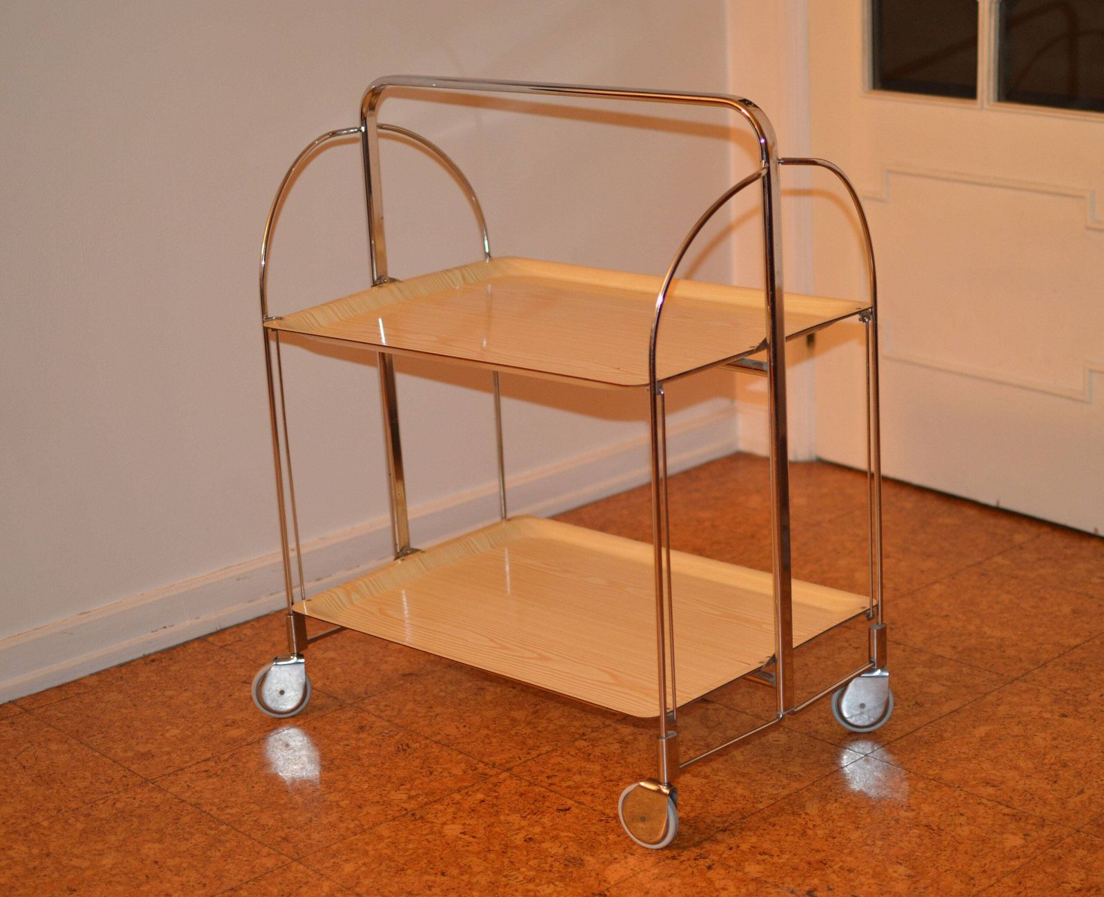 Mid Century Modern Folding Serving Trolley Dinett Foldable Chromed Metal Trolley, Vintage Bar Cart, Made In Germany, Retro Bar photo vinterior