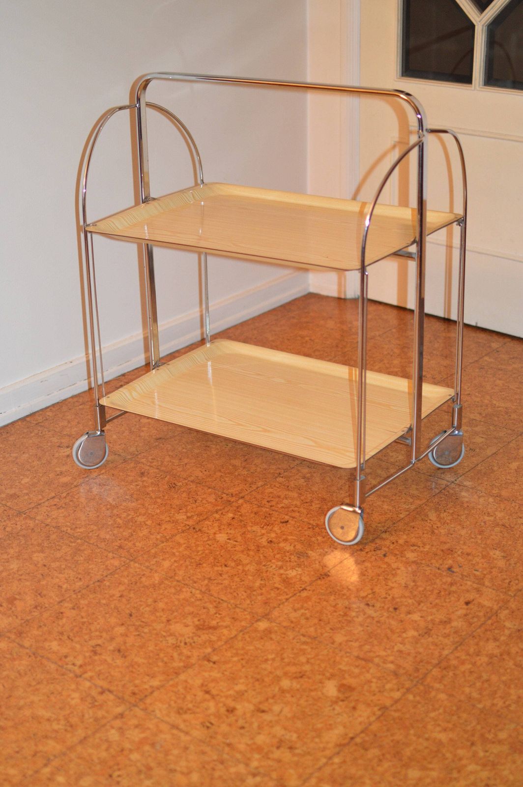 photo furniture Mid Century Modern Folding Serving Trolley Dinett Foldable Chromed Metal Trolley, Vintage Bar Cart, Made In Germany, Retro Bar