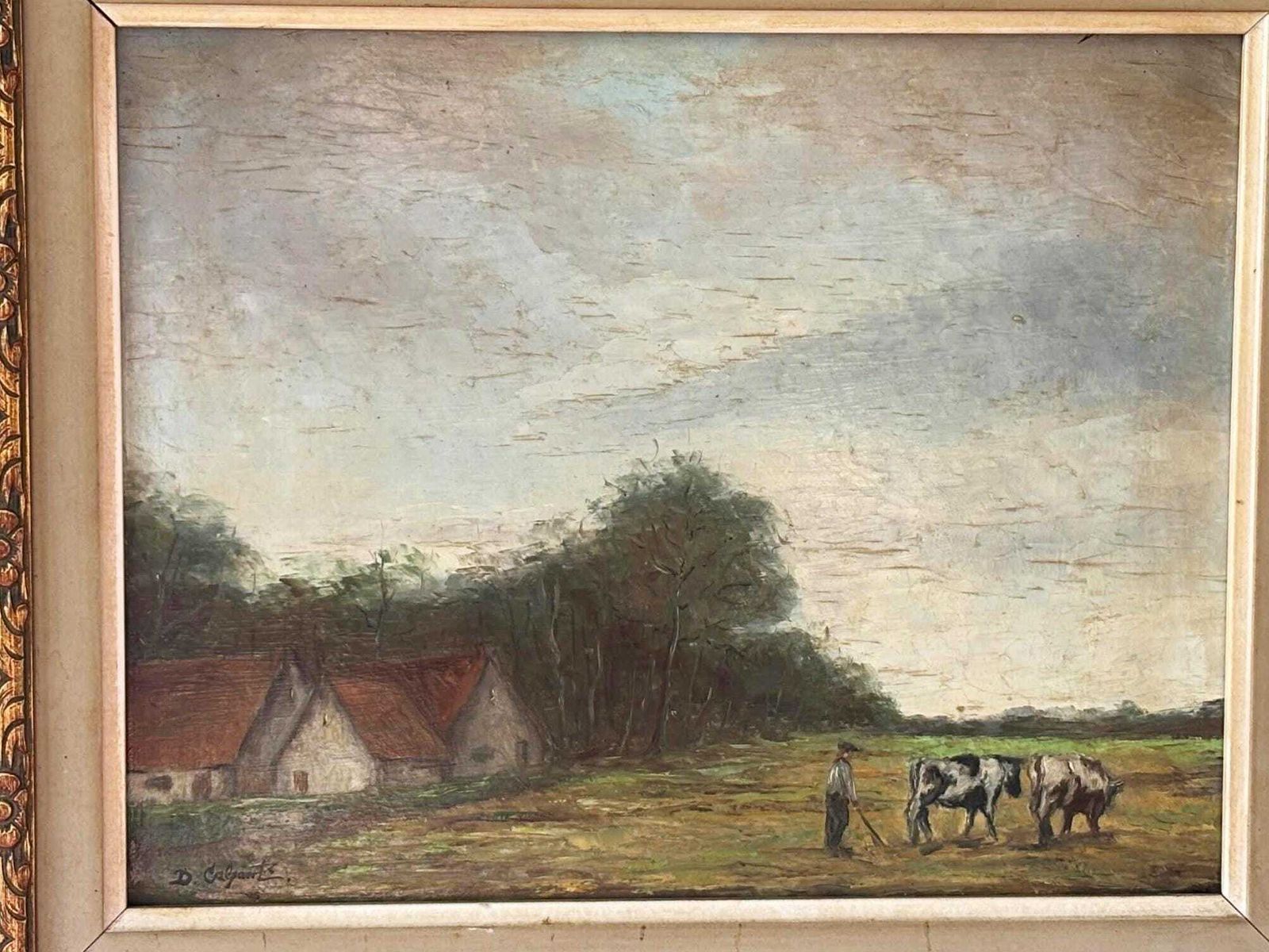 Charming Antique Countryside Landscape Painting In Ornate Gold Frame With Cows photo for sale