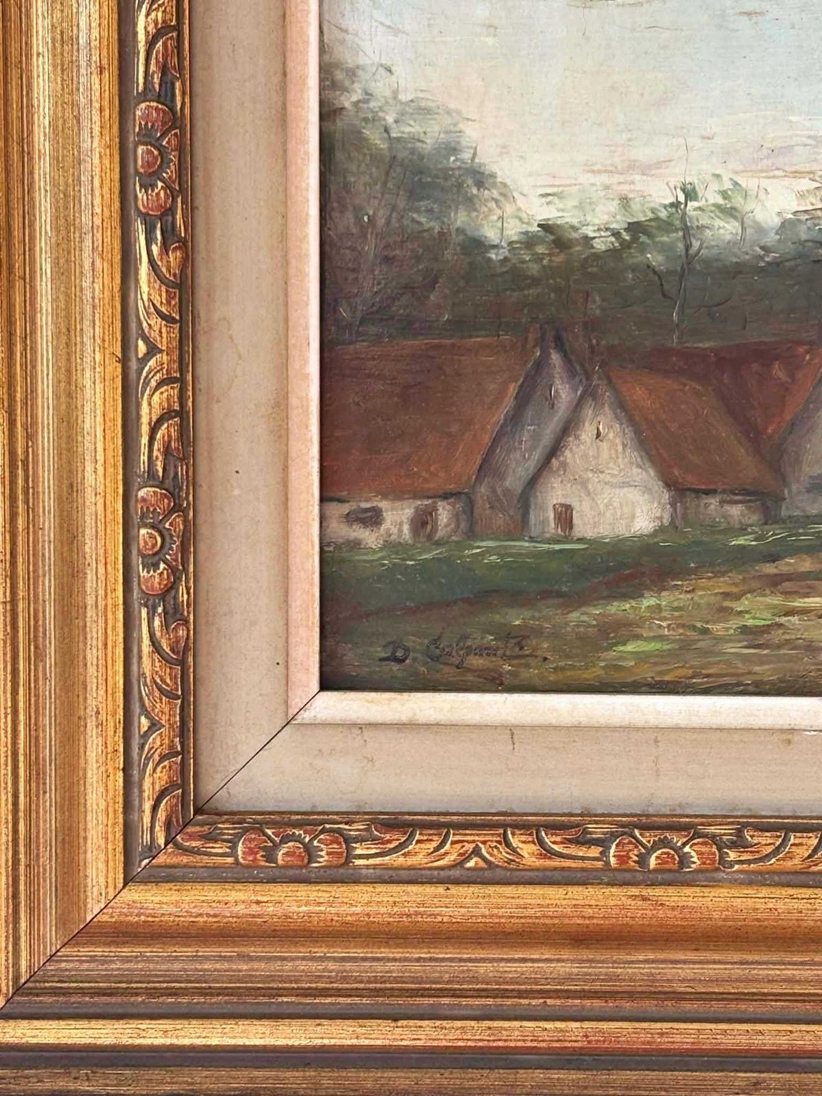 Charming Antique Countryside Landscape Painting In Ornate Gold Frame With Cows photo 255.0
