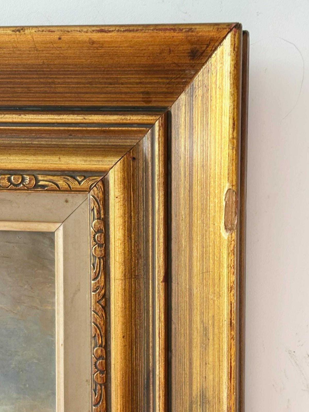 Charming Antique Countryside Landscape Painting In Ornate Gold Frame With Cows photo vinterior