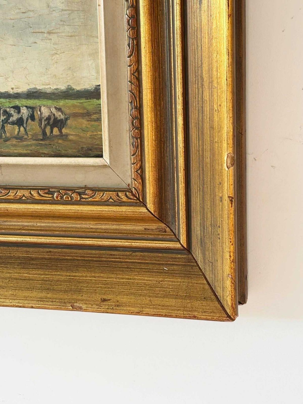 Charming Antique Countryside Landscape Painting In Ornate Gold Frame With Cows photo buy