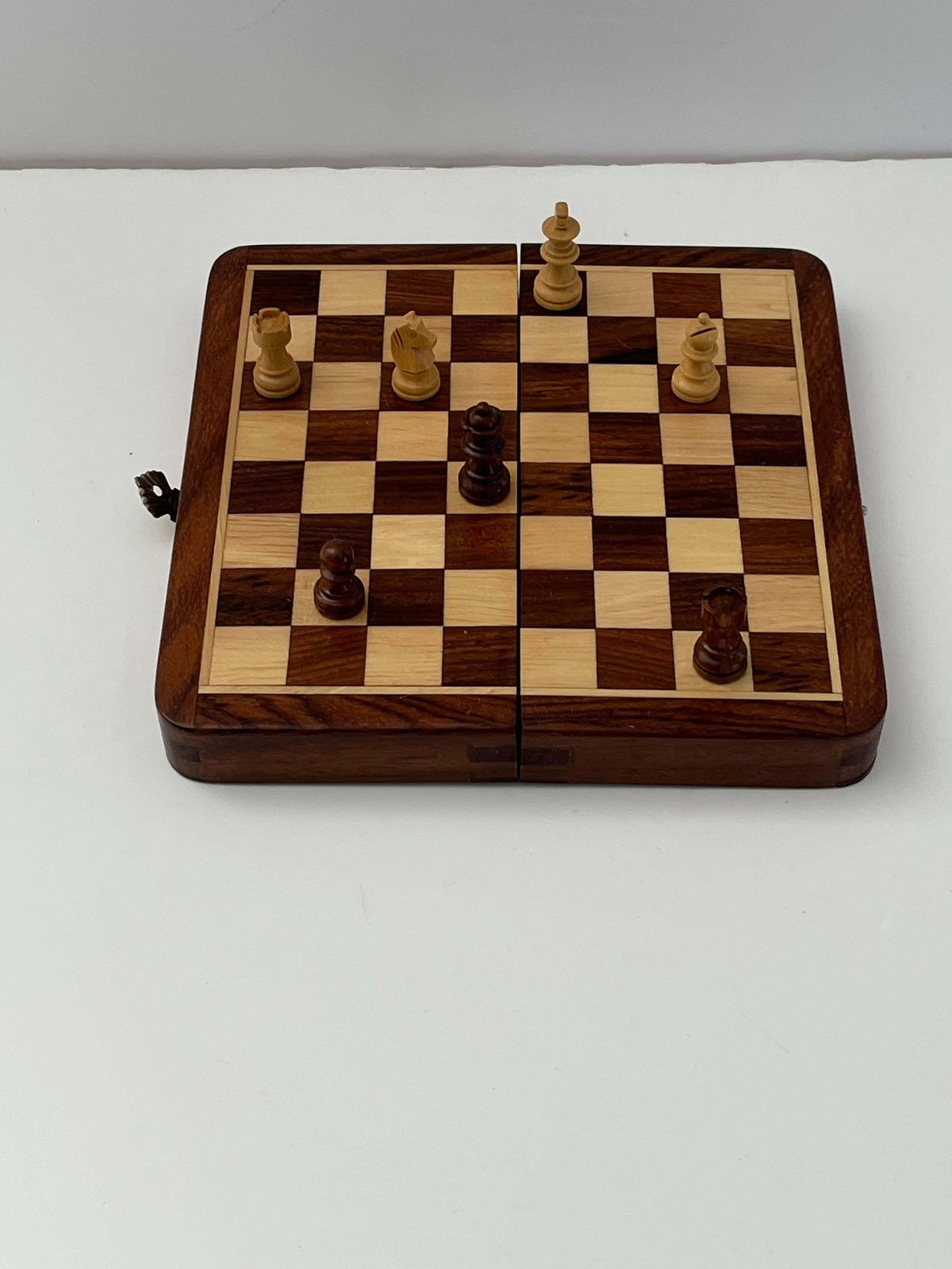 1950s Handmade Miniature Chess Set With Walnut Inlaid Box With Magnetic Pieces photo vinterior