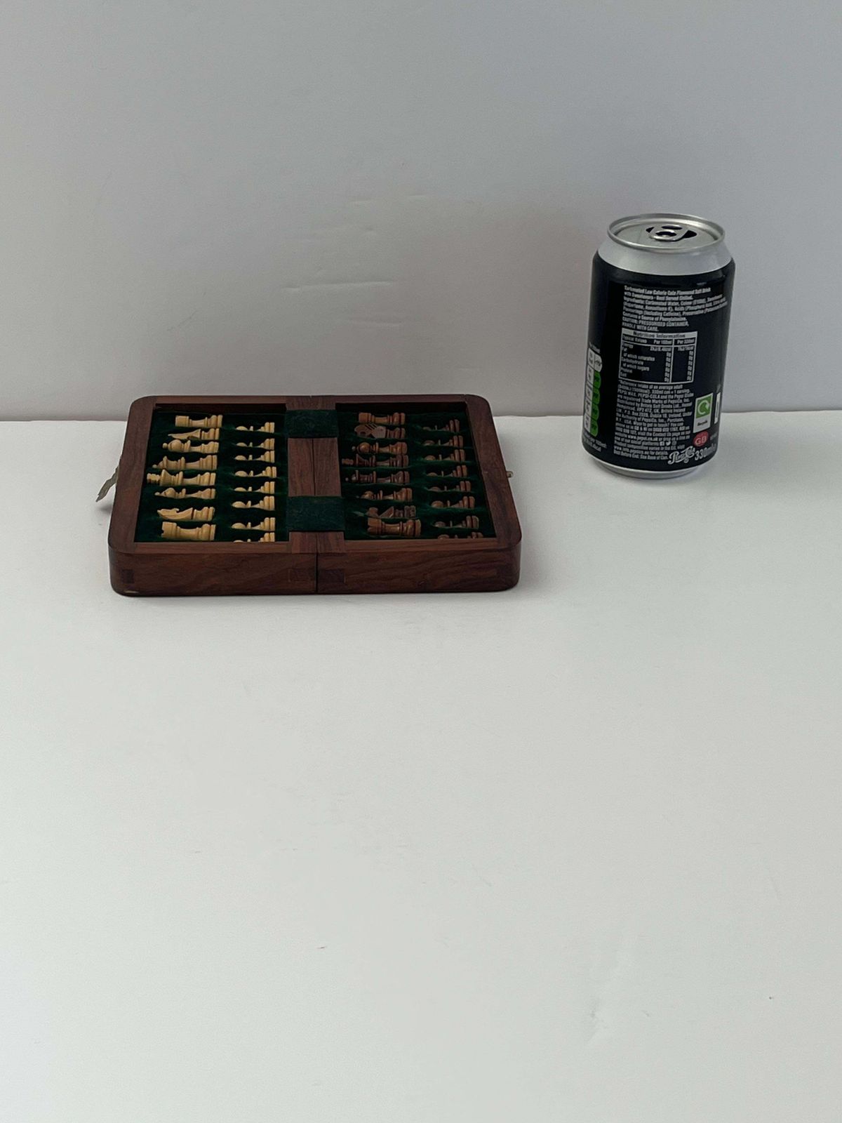 235.0 1950s Handmade Miniature Chess Set With Walnut Inlaid Box With Magnetic Pieces photo