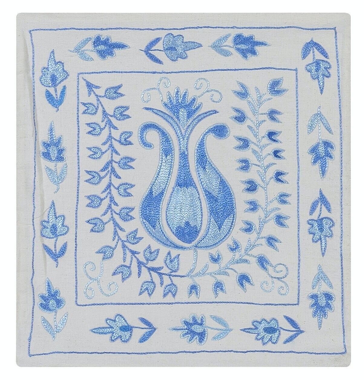 Silk Embroidered Suzani Lace Pillow, Uzbek Sham In Light Blue & Ivory. 17"X18"
