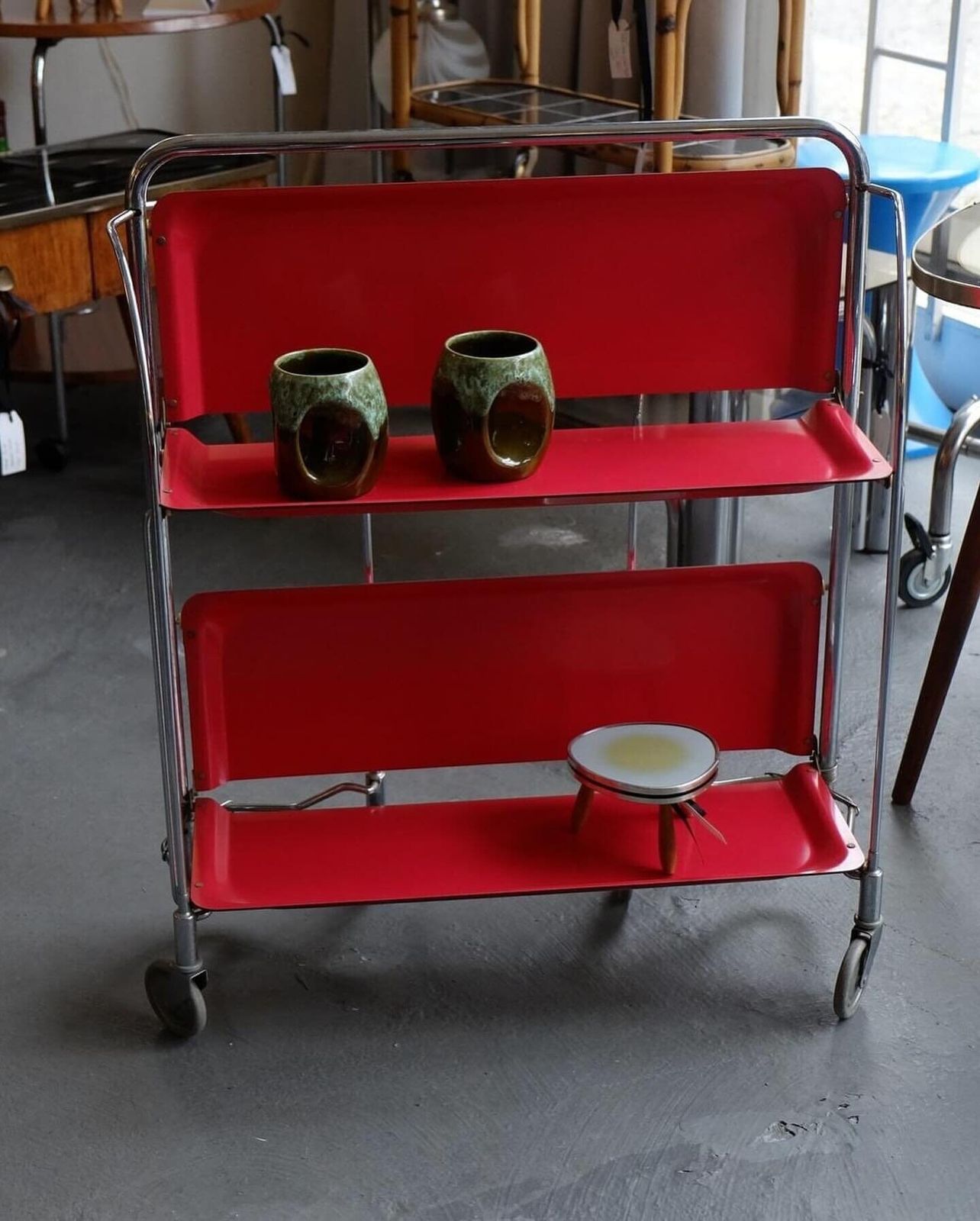 Mid Century Modern Folding Serving Trolley Dinett Foldable Chromed Metal Trolley, Vintage Bar Cart, Made In Germany, Retro Bar