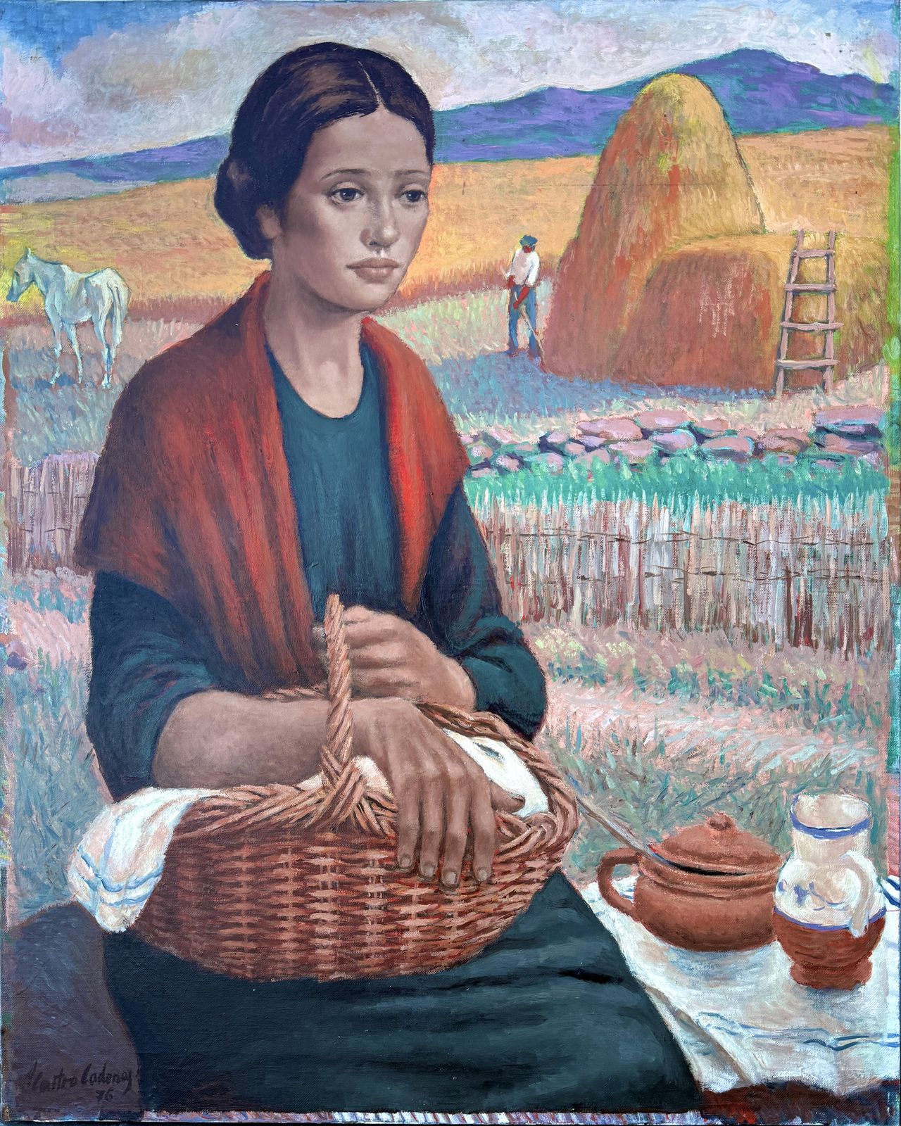 José Antonio Castro Cadenas – Spaanse Boerenvrouw Met Mand, Oogstlandschap, Figuratief Olieverfschilderij, 1976, Andalusisch