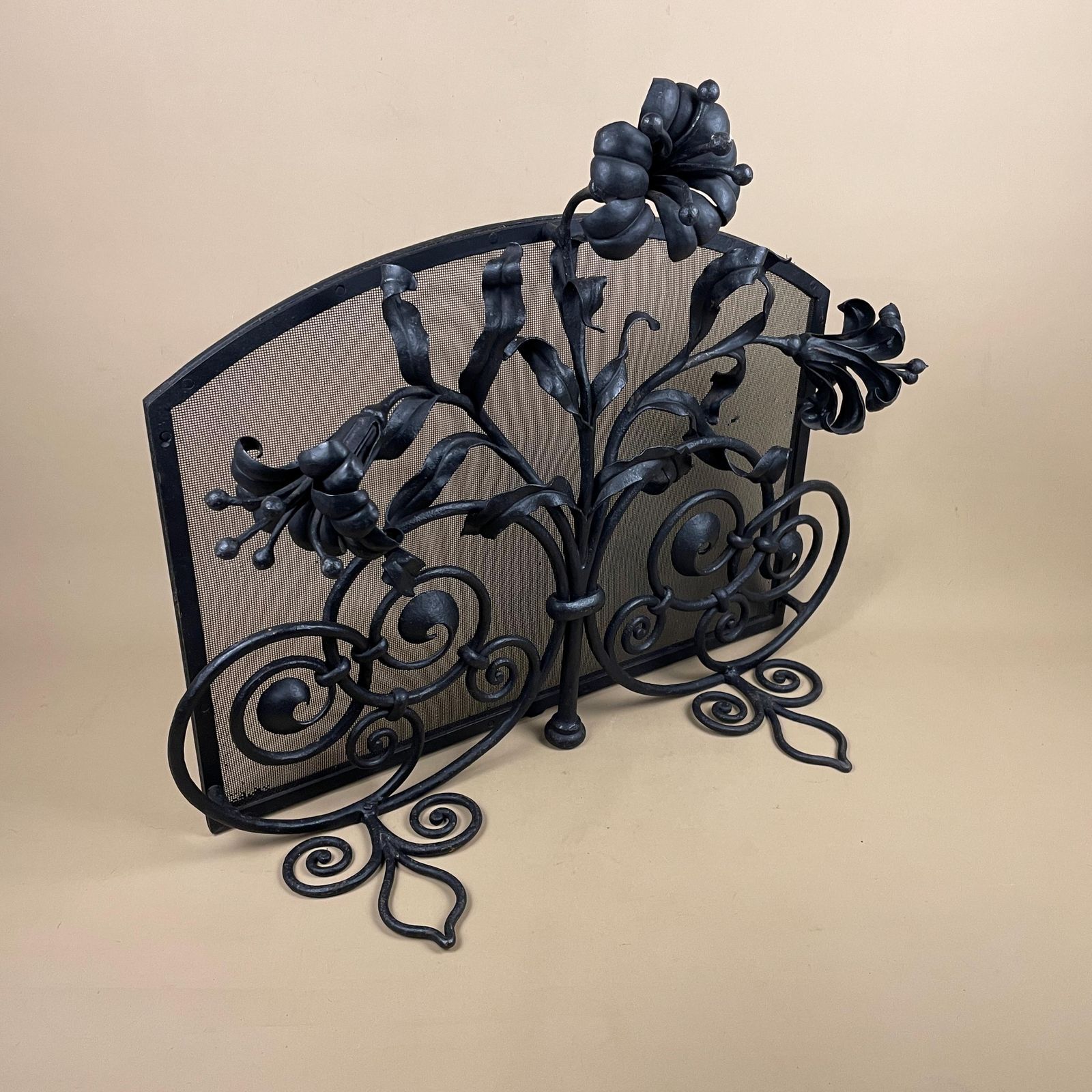Art Deco French Fireguard Fireplace Screen Metal Cast Iron Black Fer Forge Fire Guard Floral Freestanding Patterned Rectangle Mesh Wrought photo furniture