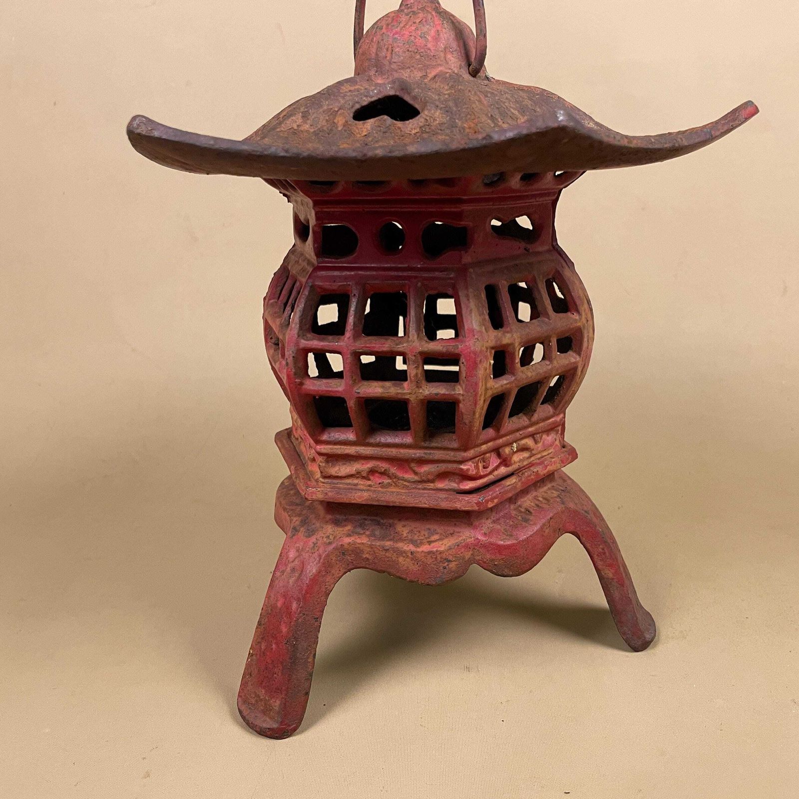 Japanese Pagoda Lantern Oriental Lamp Cast Metal Asian Garden Light Red Indoor Outdoor Lighting Home Accent Candle Tealight Holder Antique photo vintage