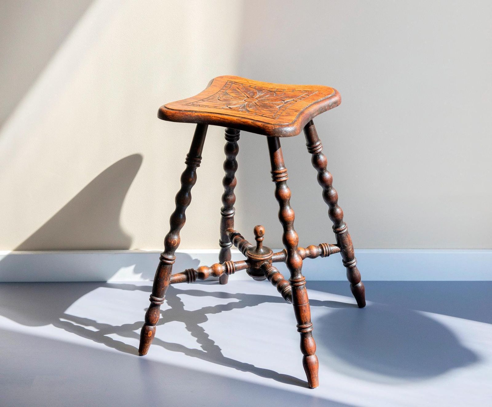 Antique Oak Bobbin Leg Stool   19th Century Hand Carved Seat   Victorian Turned Legs Plant Stand