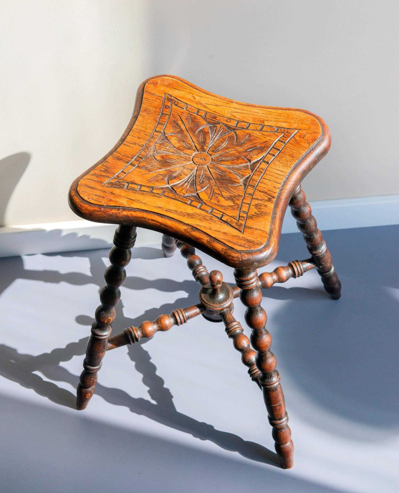 Antique Oak Bobbin Leg Stool   19th Century Hand Carved Seat   Victorian Turned Legs Plant Stand photo for sale