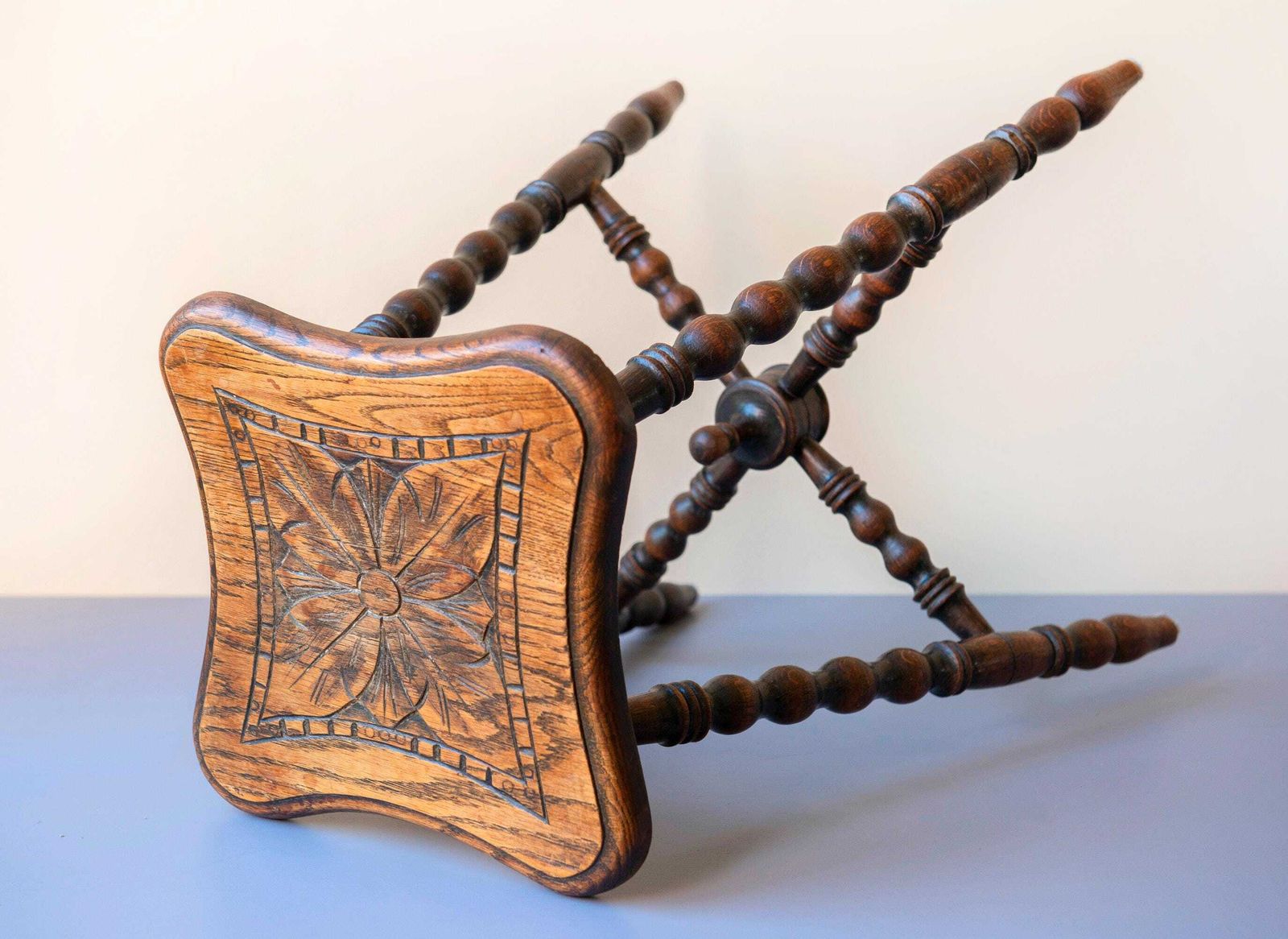 Home Decor Antique Oak Bobbin Leg Stool   19th Century Hand Carved Seat   Victorian Turned Legs Plant Stand photo