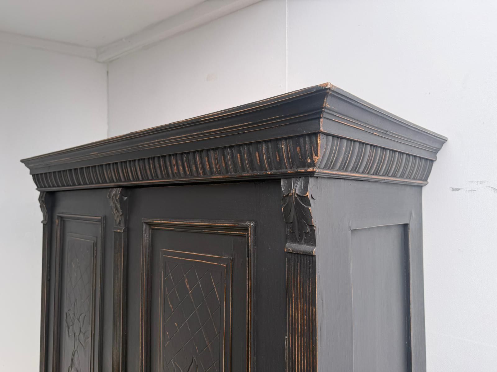 A Stylish Original Hungarian Antique Pine & Oak Painted Black Hall Wardrobe photo buy