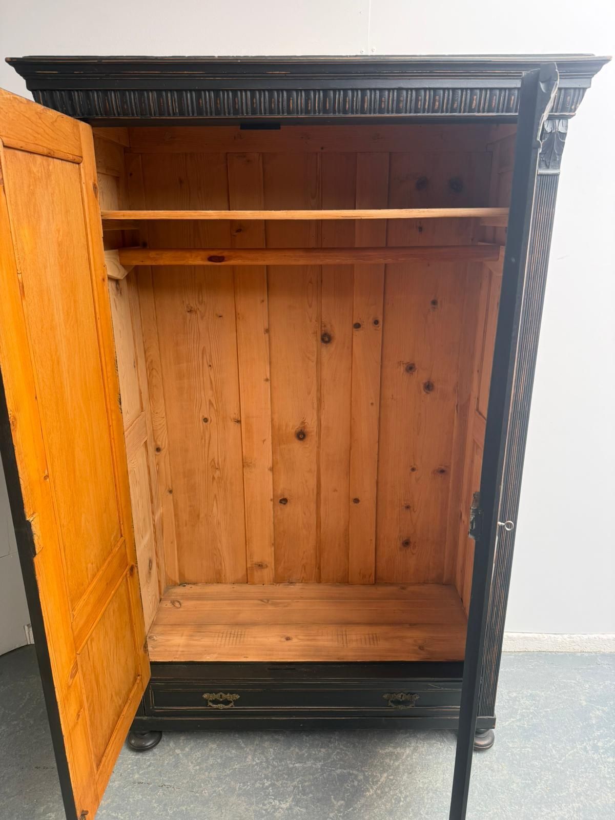 Furniture A Stylish Original Hungarian Antique Pine & Oak Painted Black Hall Wardrobe photo