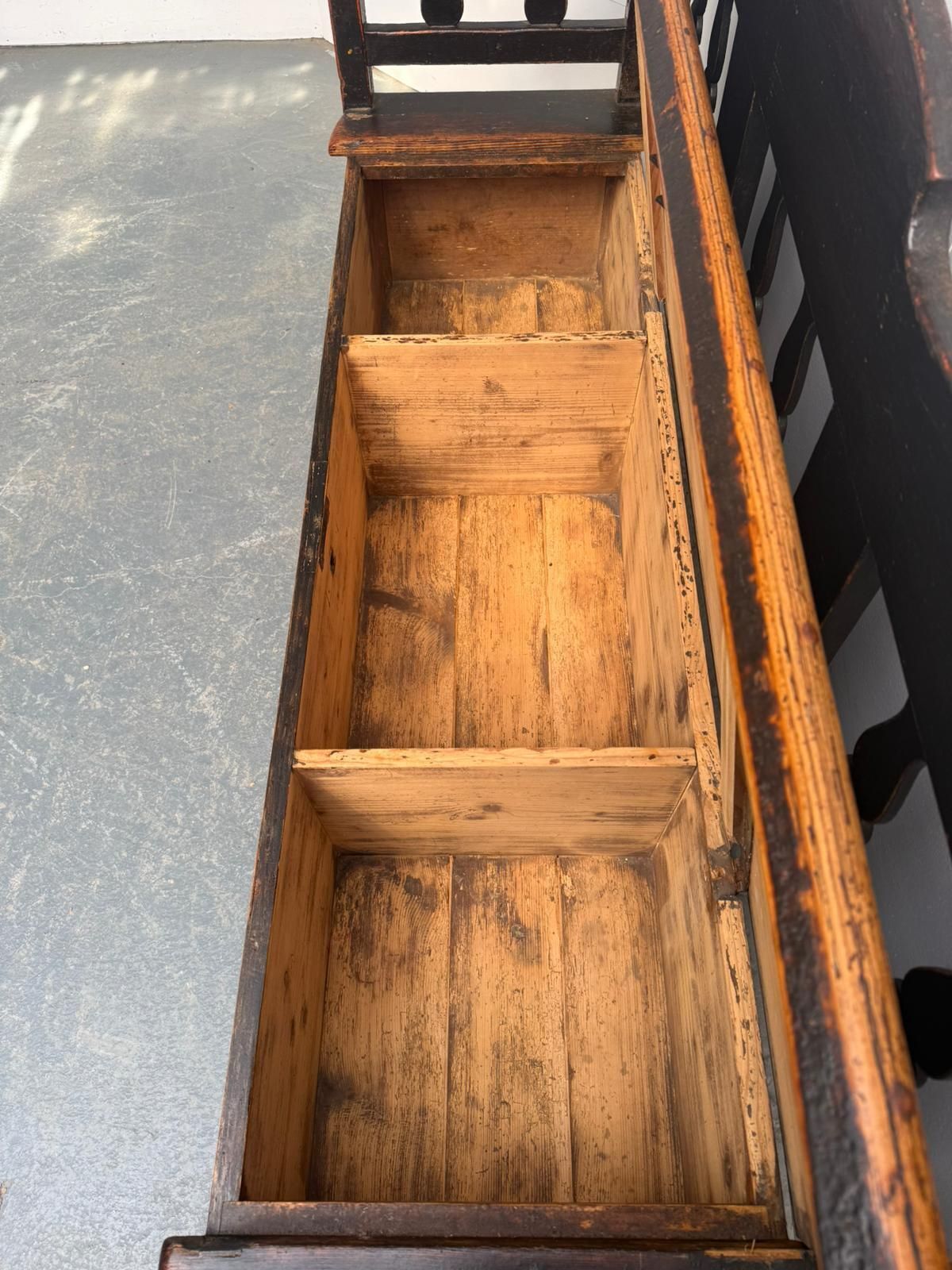 Furniture A Georgian Original Hungarian Painted Black Pine 3 Seater Bench photo