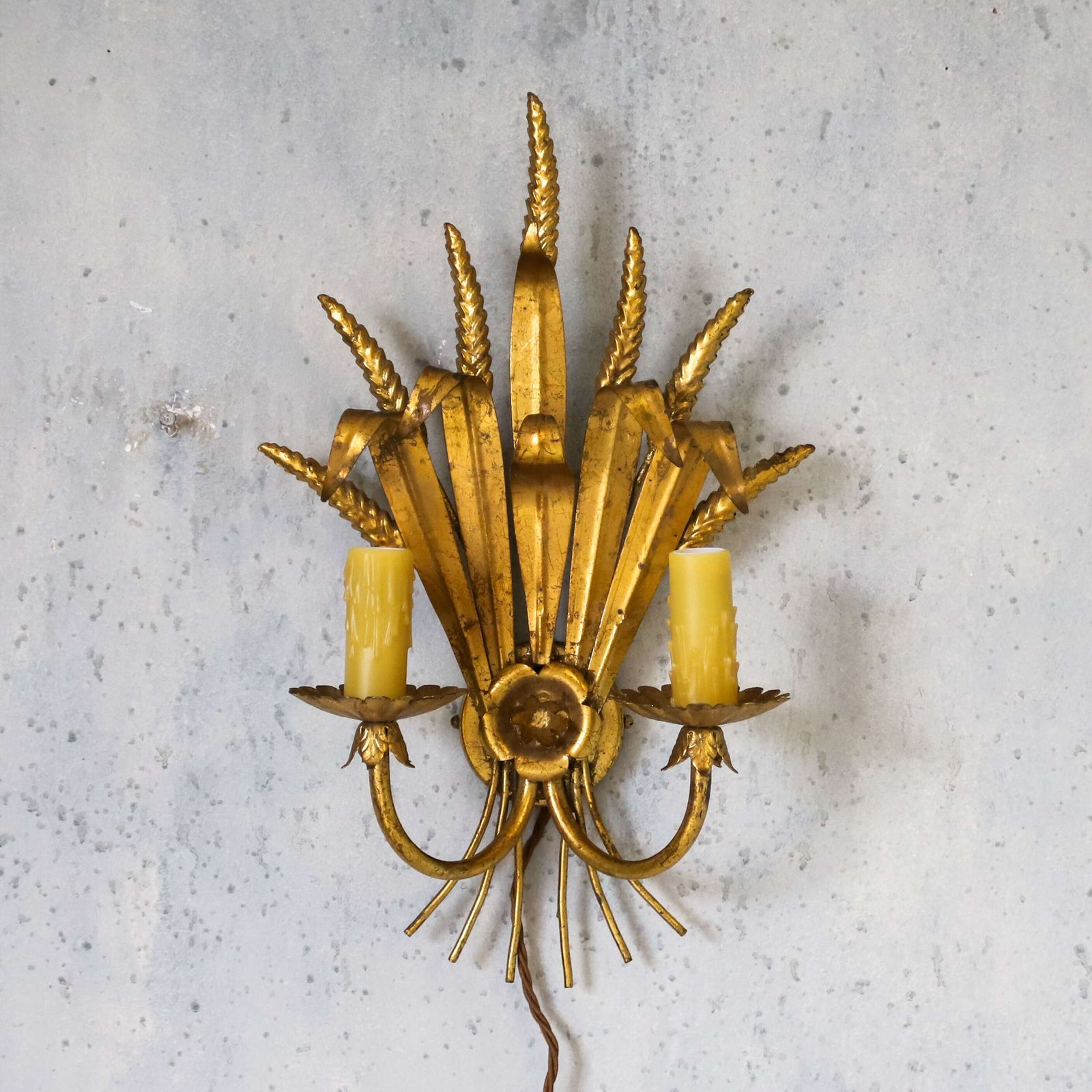 ​​​​​​​English Mid‑Century Twin‑Candled Gilt Metal Electric Wall Sconce photo furniture